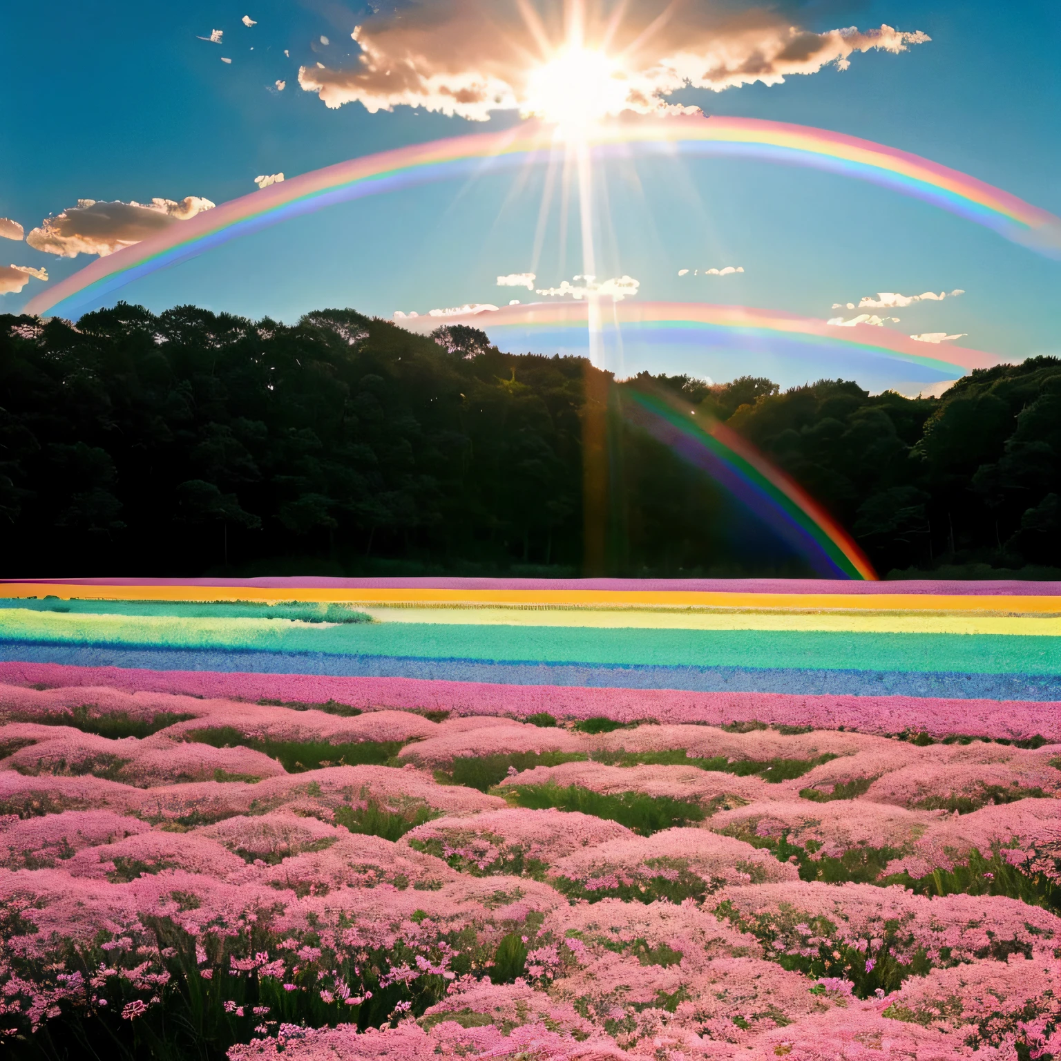 cottoncandy fields, underwater rainbow fields, pastel light, breathtaking, sunlit evening