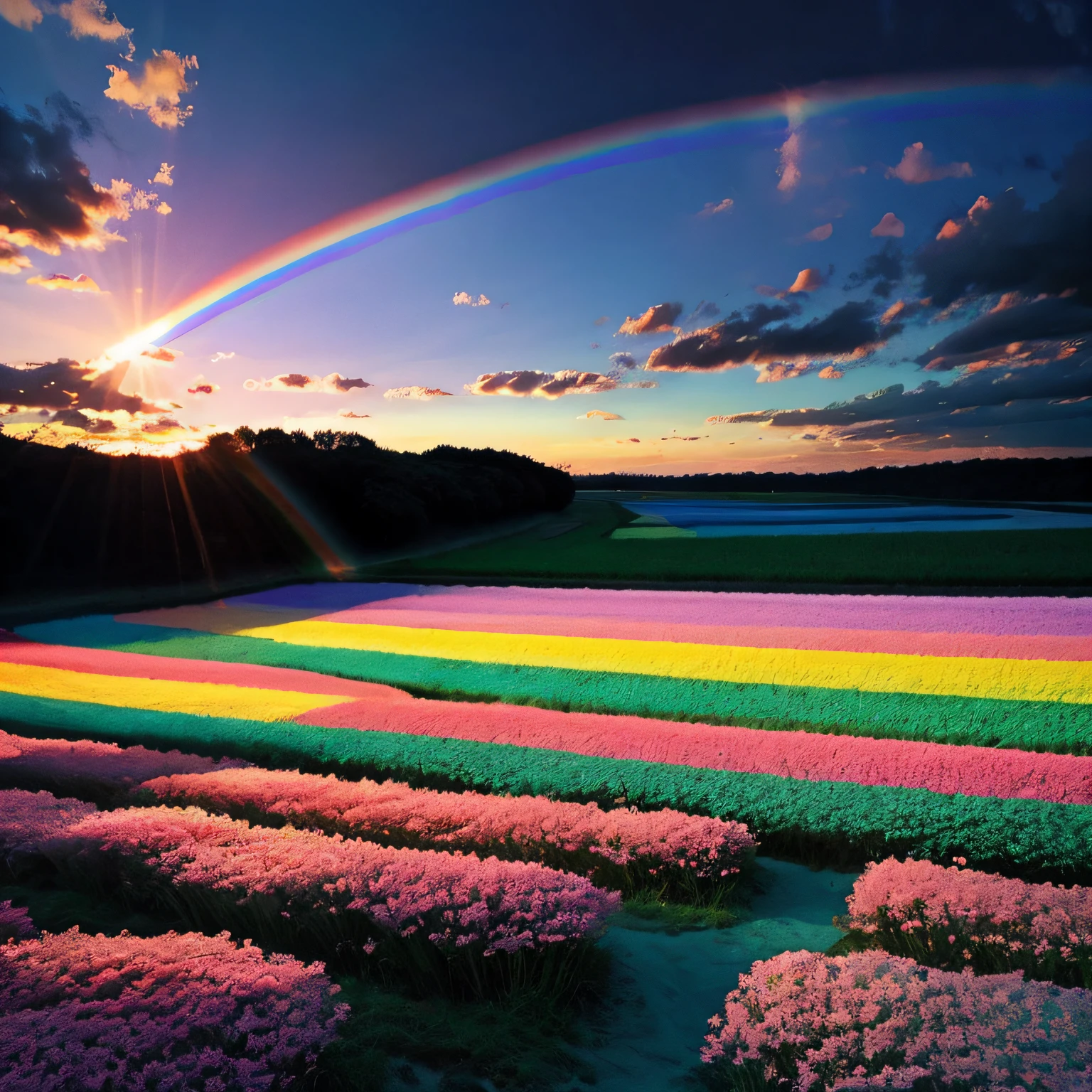 cottoncandy fields, underwater rainbow fields, pastel light, breathtaking, sunlit evening