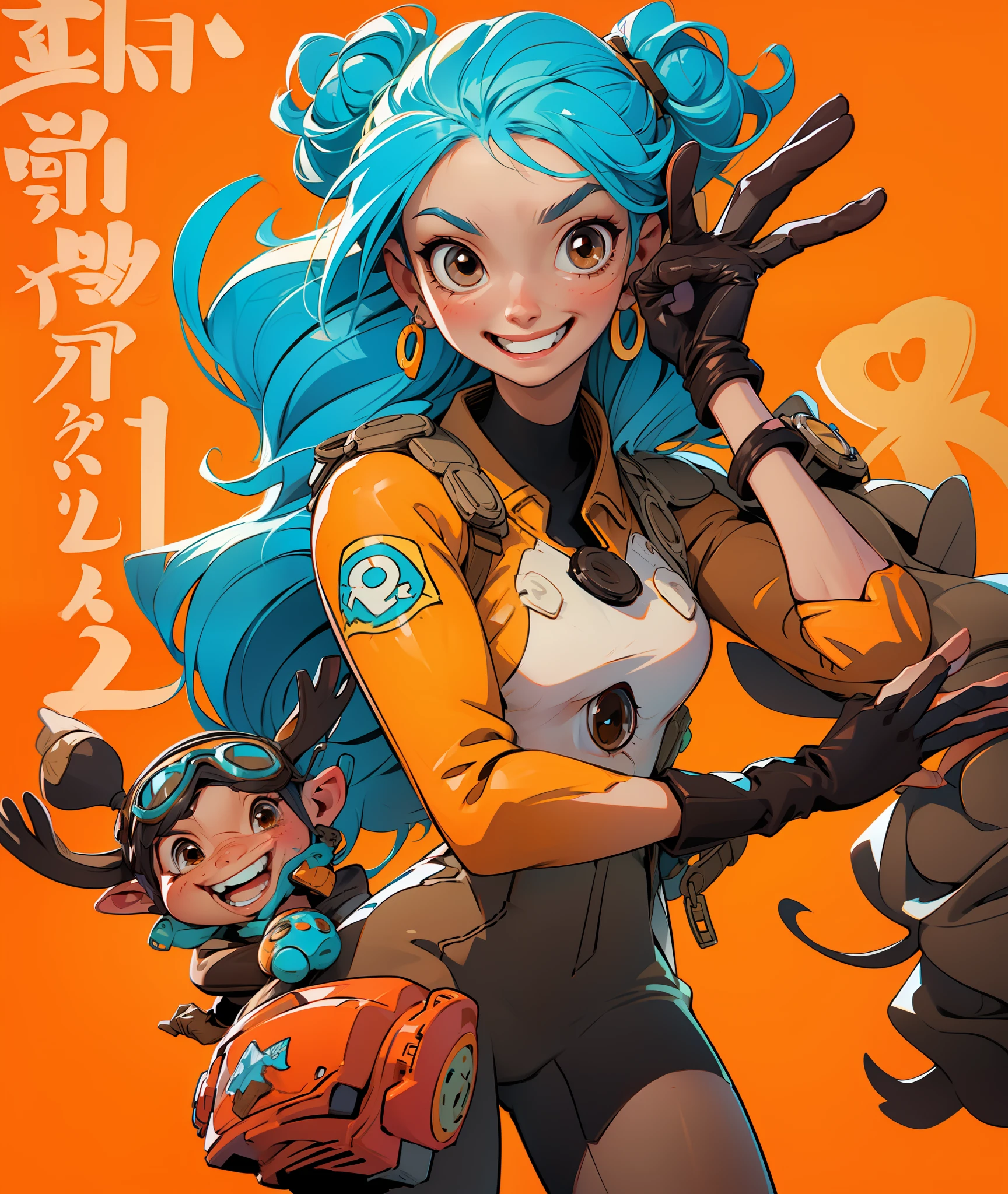 1girl, blue hair, long hair, hair in buns, brown clothes, brown eyes, goggles, brown gloves, confident, energetic, engineer, cute, happy, face shot