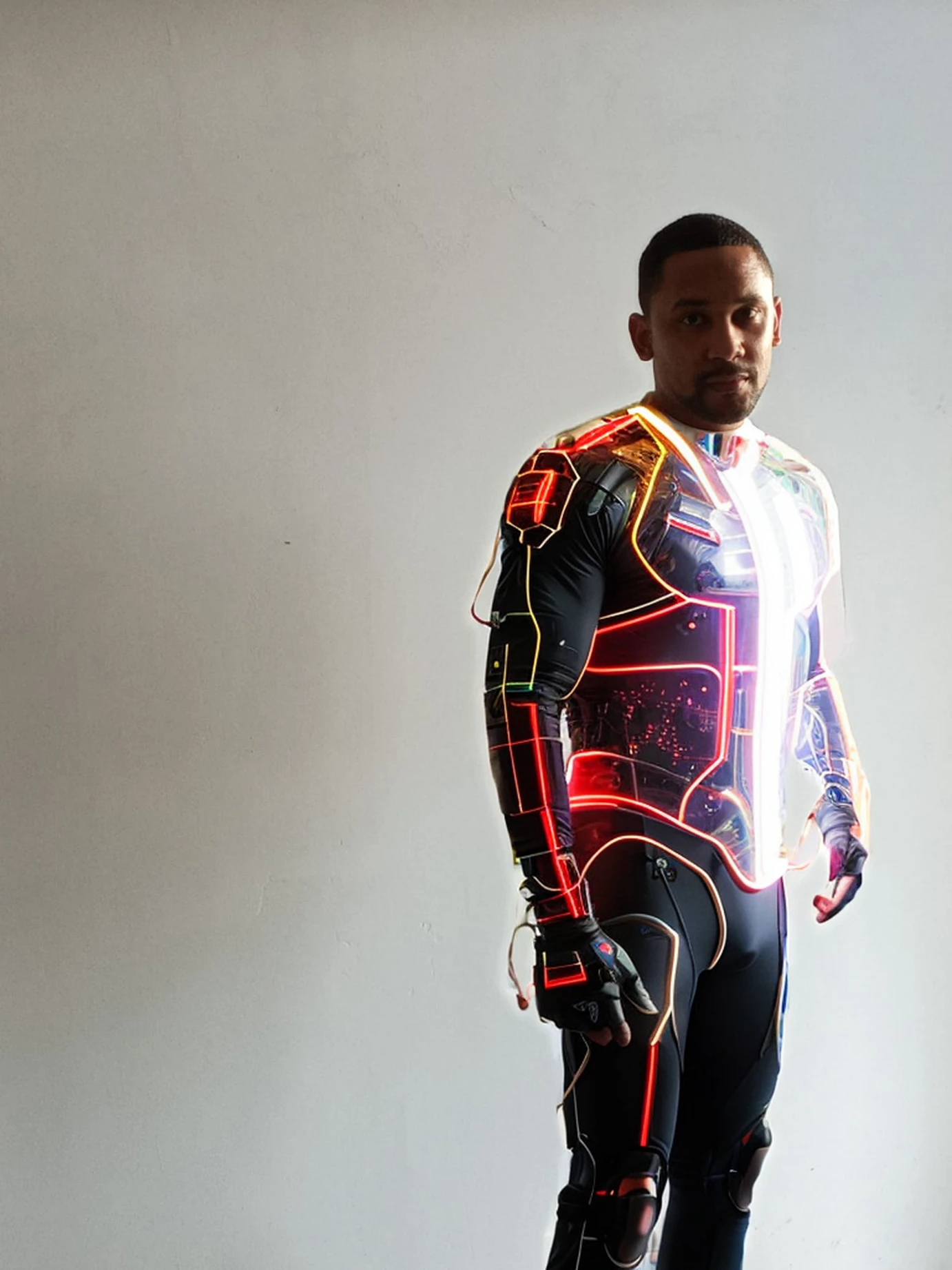 cyborg man body, exposed wires, holographic texture, muscular body, turned skin, holography, galaxy, uniform, robot, technology, cyberpunk, holographic clothing, muscle man, cosmic, colored lights, neon, holographic, stealth-color