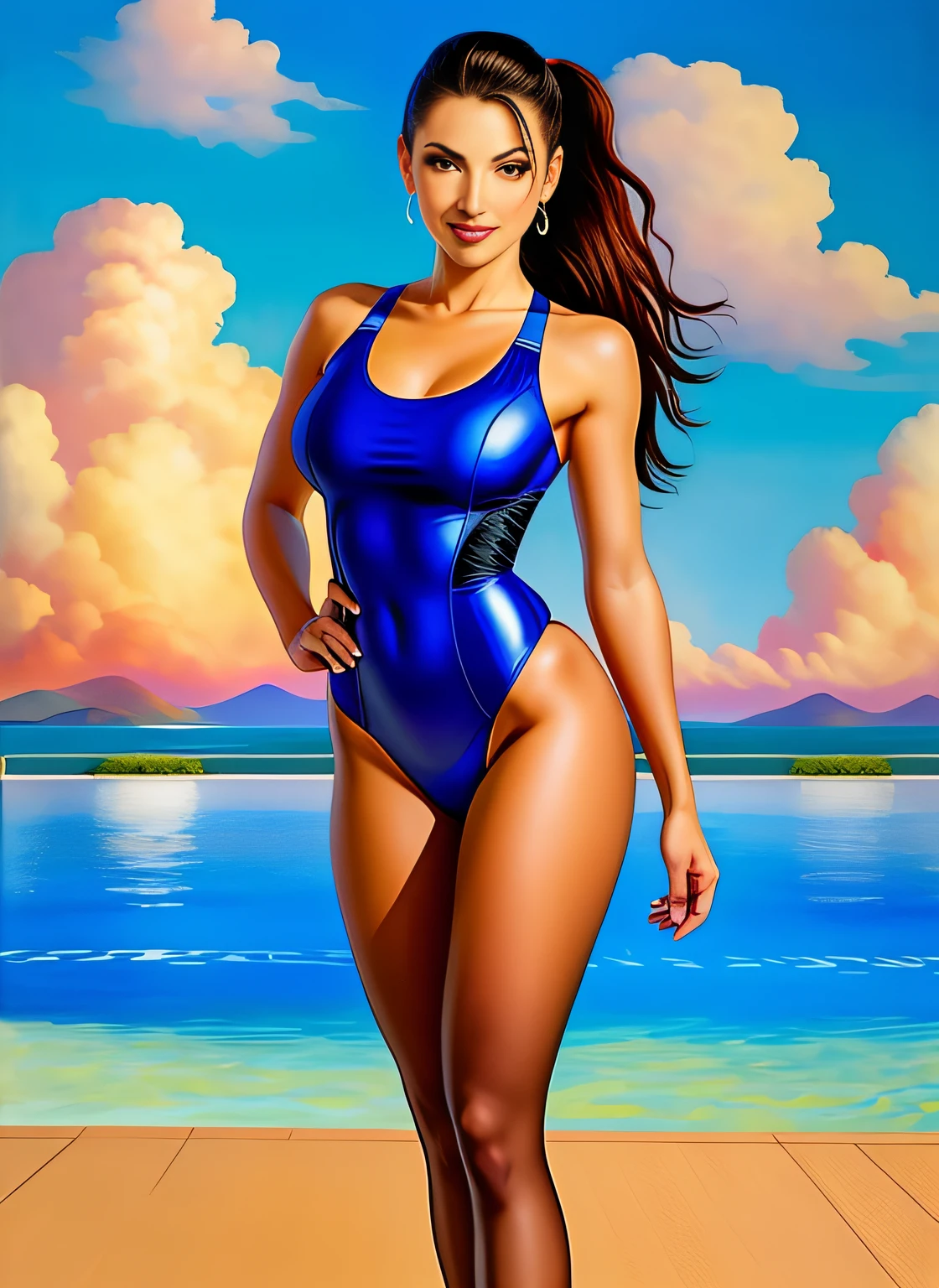 (((MASTERPIECE)))), BEST RESOLUTION, LARGE FORMAT, BEST QUALITY, REALISTIC, MULTI LAYER PAINTING, GIL ELVGREEN STYLE, AN ATHLETIC WOMAN, STANDING,FULL BODY, BEAUTIFUL FACE, ARMS CROSSED IN FRONT OF BODY, DEFINED FACE, MONICA BELUCCI, PONYTAIL BROWN HAIR, LOOKING AT THE OBSERVER, BIG SMILE, TIGHT LATEX SWIMSUIT, NYLON BODYSTOCKING UNDER THE SWIMSUIT, LARGE BREASTS, TINY WAIST,  POINTING IN THE DIRECTION OF THE OBSERVER