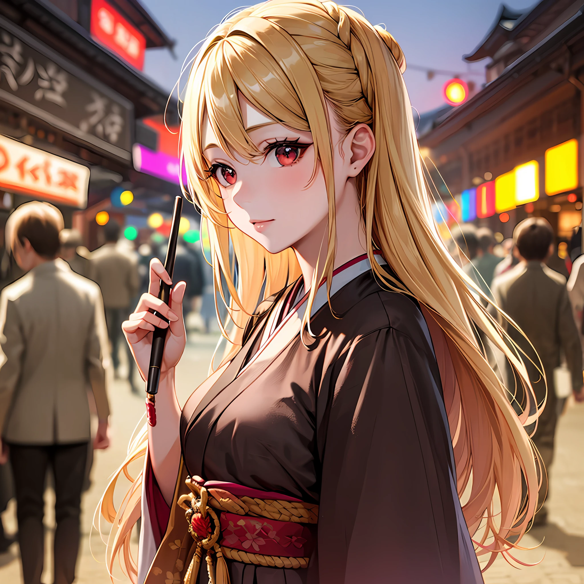 blonde girl, red eyes, festival, solo, kyoto, festival
