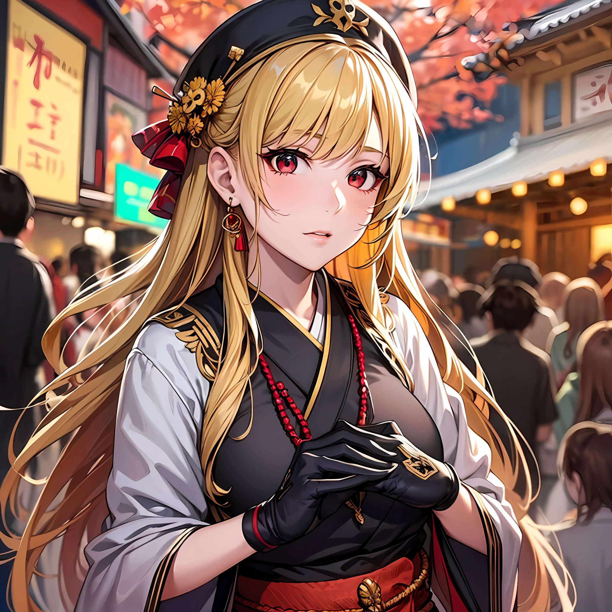 blonde girl, red eyes, festival, solo, kyoto, festival