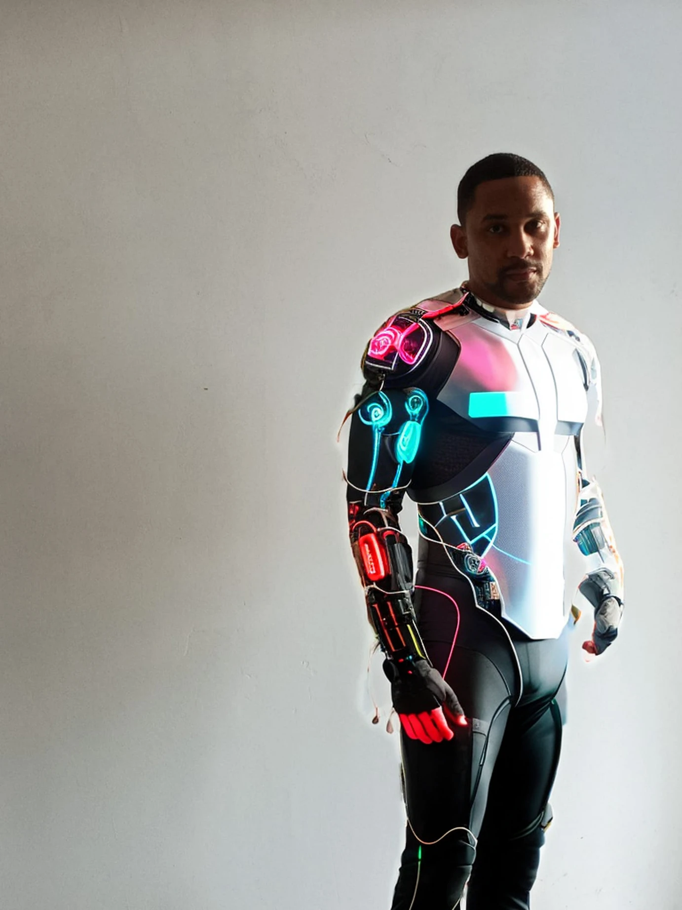 cyborg man body, exposed wires, holographic texture, muscular body, turned skin, holography, galaxy, uniform, robot, technology, cyberpunk, holographic clothing, muscle man, cosmic, colored lights, neon, holographic, stealth-color