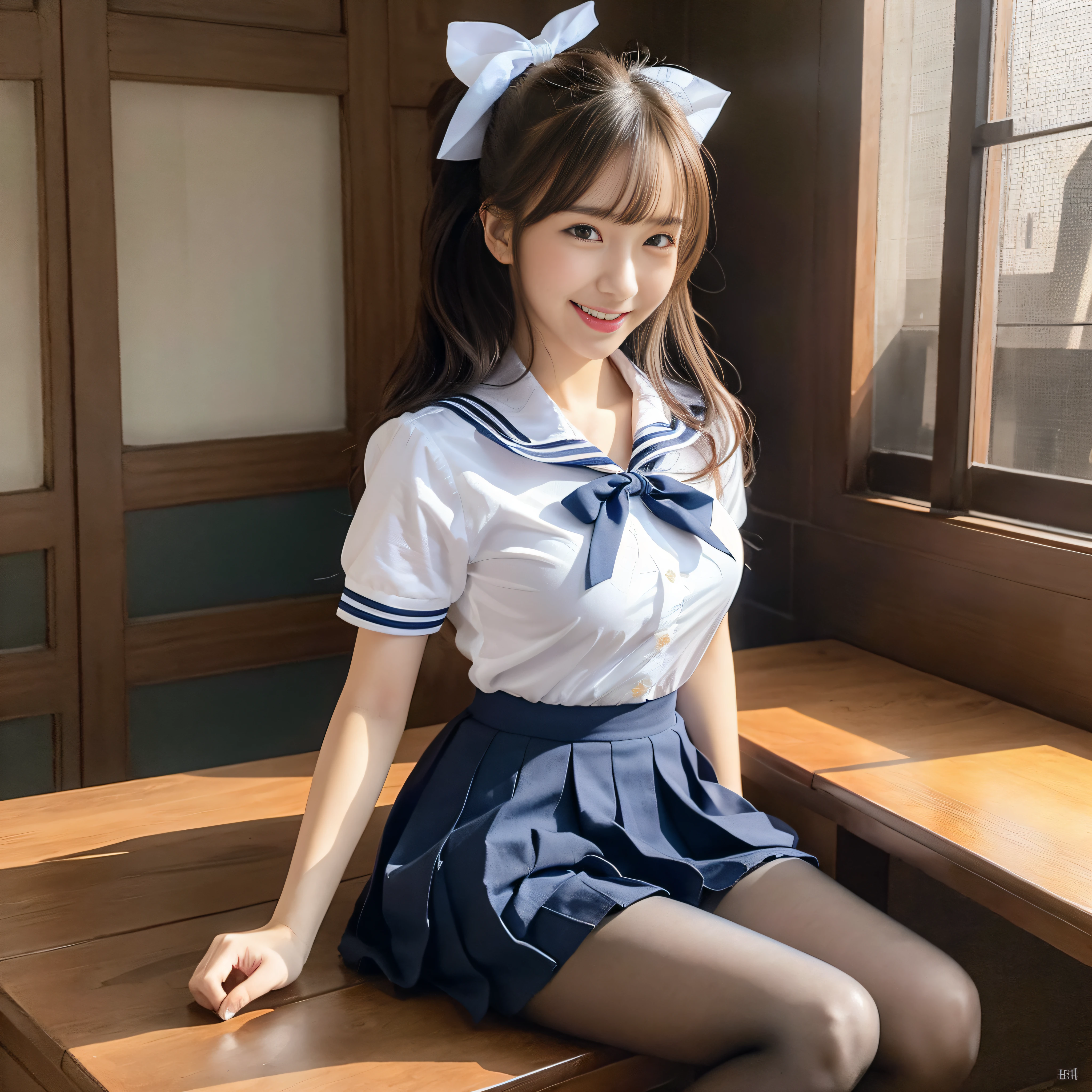 (8k),nsfw, (masterpiece:1.3), best quality, full color, illustration, high-res, extremely detailed, ultimate intricate, detailed beautiful eyes, detailed beautiful face, 1girl, solo, narrow waist, skinny, long hair, high ponytail, school uniform, skirt, serafuku, short sleeves, bow, sailor collar, shirt, ribbon, (blue skirt), (white shirt), (black pantyhose), open mouth, smile, fang, Sitting down,