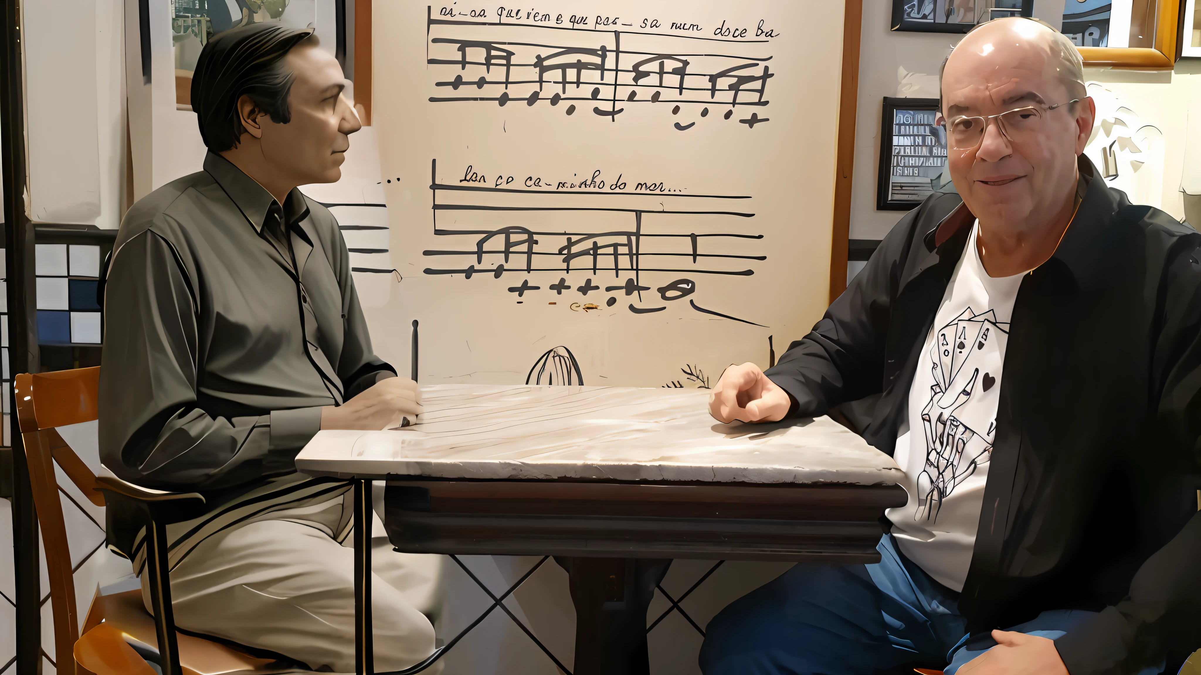 The musician and Brazilian named Tom Jobim, sitting in the chair talking to the other person in the photo.