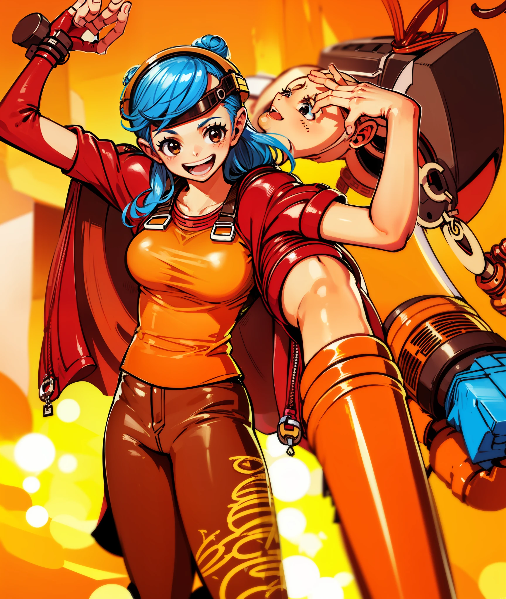 1girl, blue hair, long hair, hair in buns, brown clothes, brown eyes, goggles, brown gloves, confident, energetic, engineer, cute, happy, face shot