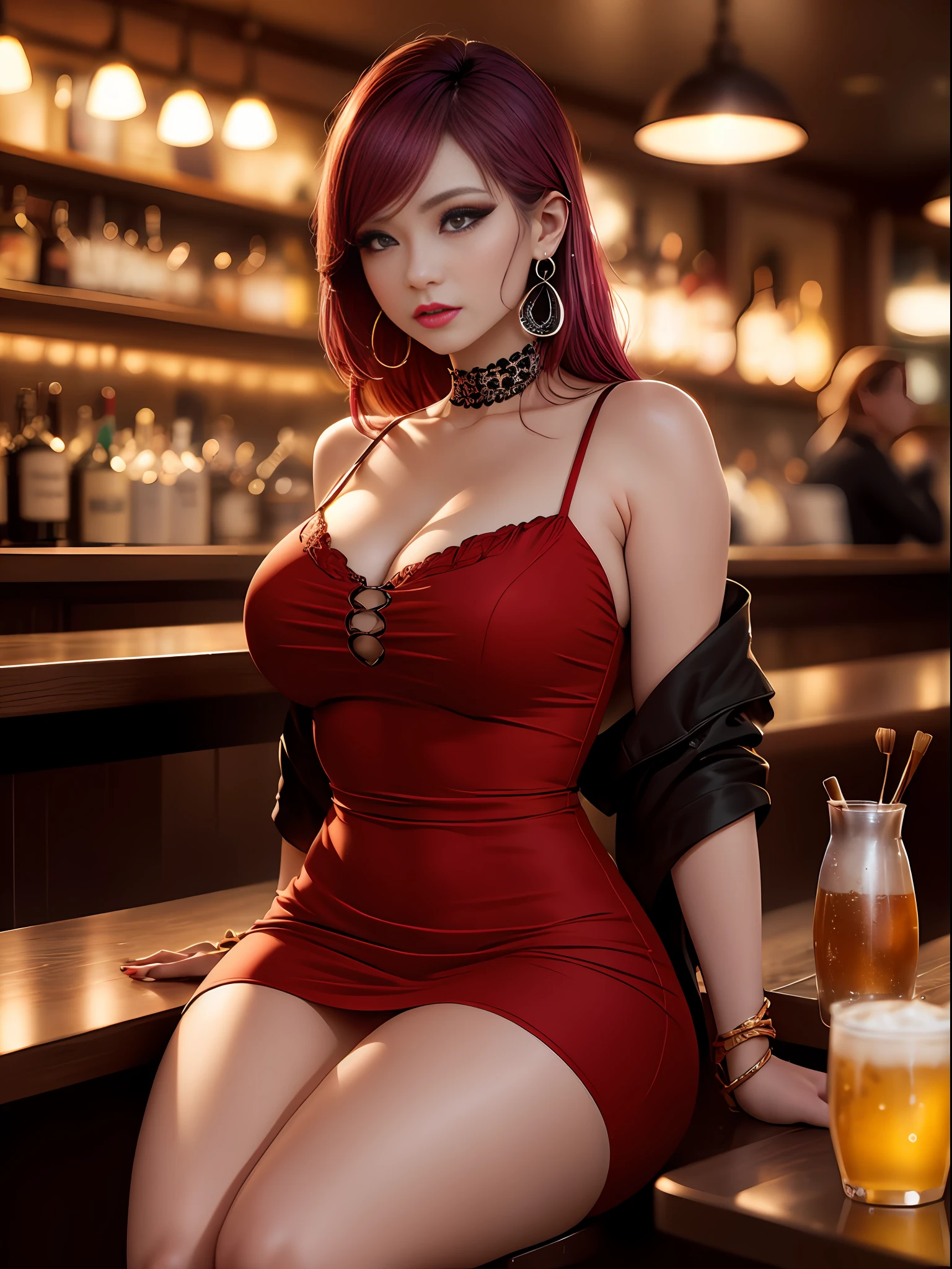 extremely sexy photo,of 1 sexy woman,in a bar,canteen,sitting,painted lips,colored hair,sexy short dress,intiro body,(masterpiece: 1.5) (photorealistic: 1.1) (bokeh) (best quality) (detailed skin texture pores: 1.1.1) (intricate) (HDR) (8k) (wallpaper) (cinematic lighting) (sharp focus), (eyeliner), (painted lips: 1.2), (earrings), (closeup portrait: 1.1).