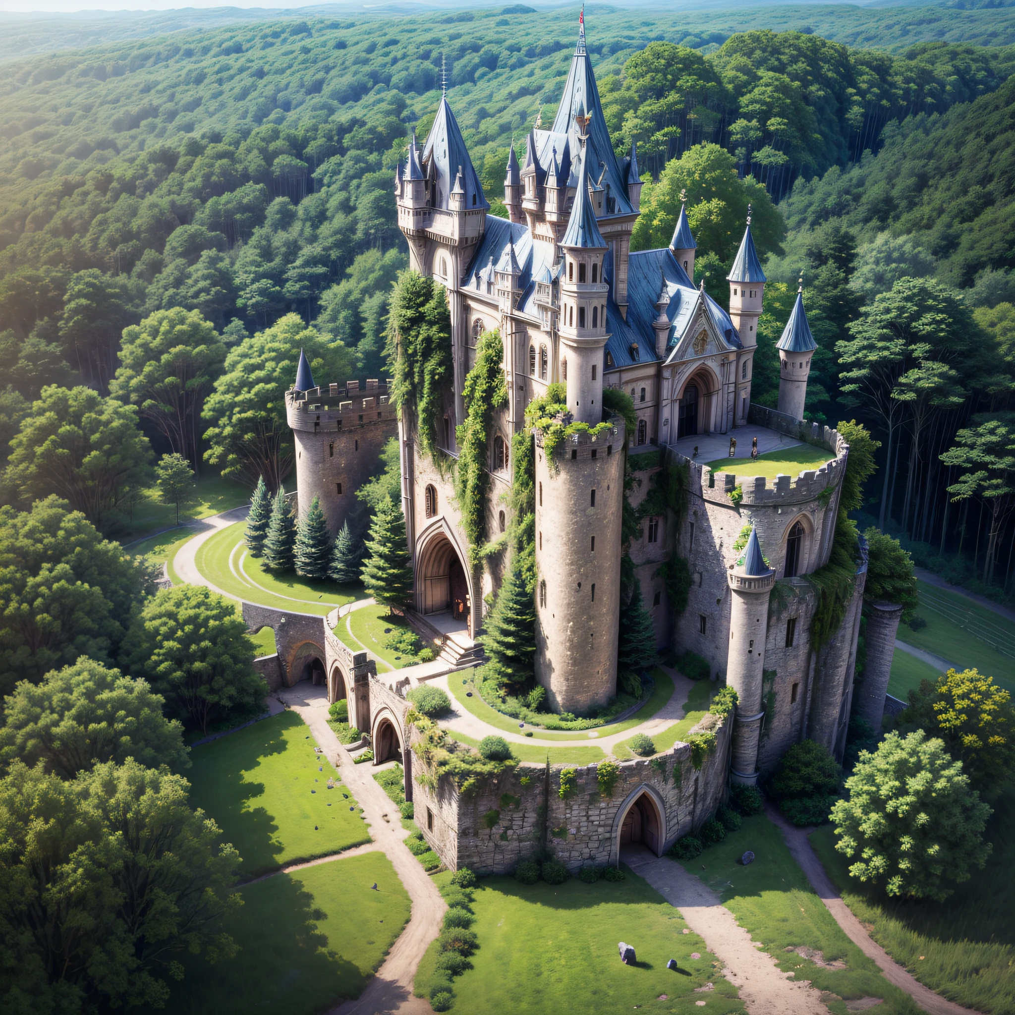 A medieval castle on a hill, surrounded by a dense forest