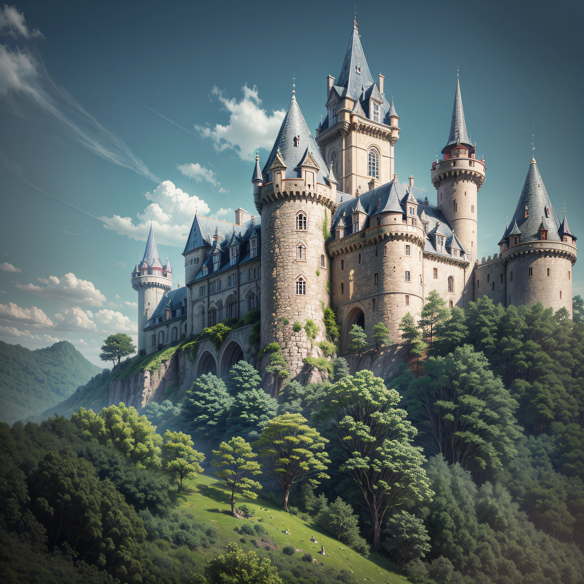 A medieval castle on a hill, surrounded by a dense forest