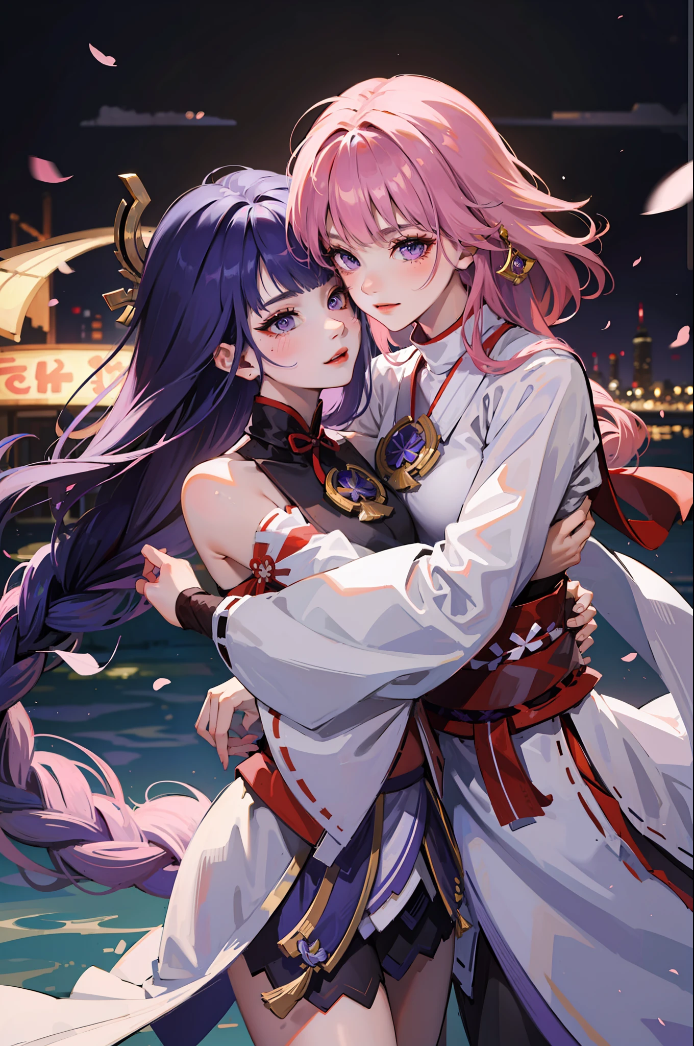 (masterpiece:1.2), (best quality:1.2), 8K, UHD, ultra high res, (2girls:1.2), hugging, happy,
, white shirt, blue jeans BREAK
pink hair, purple eyes, yellow shirt, white skirt , Yae Miko and Raiden shougn