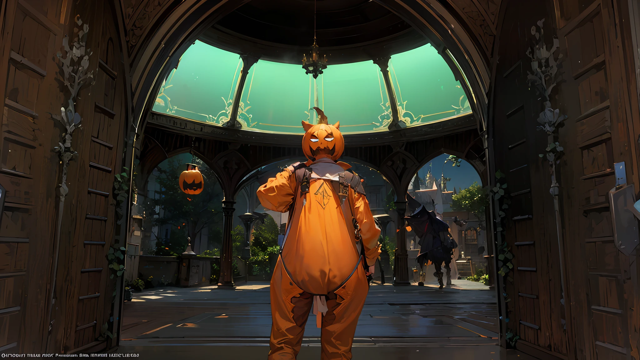 a close up of a screenshot of a character in a video game, final fantasy 1 4 screenshot, final fantasy 14 sharp, final fantasy 14 style, tranding on pxiv, final fantasy 1 4, ffxiv heavensward, ffxiv, final fantasy xiv, an epic majestical degen trader, Pumpkin head Halloween , trending on pxiv