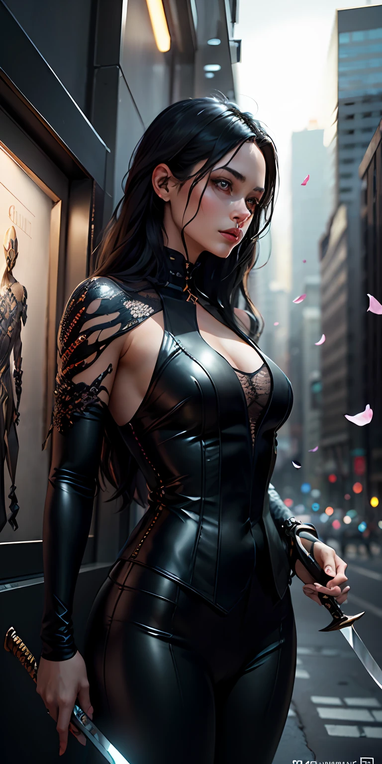 man, long black hair, with bones in his hair, wearing a black shinigami suit, with a sword that transforms into sakura petals, in the city of souls at night, (((five fingers))), Cinematic Setting , Good Composition, Full Image, Personality Design, Artstation Theme, Deviantart Trending, Full HD, 4k, Detailed Detail, Digital Art, 8K Post Production, high resolution, very detailed , tending towards Artstation, Sharp-Focus, studio shot, detailed, many detailed, strong reflections, mismatched images,Tin ,(((Hyperrealism)))