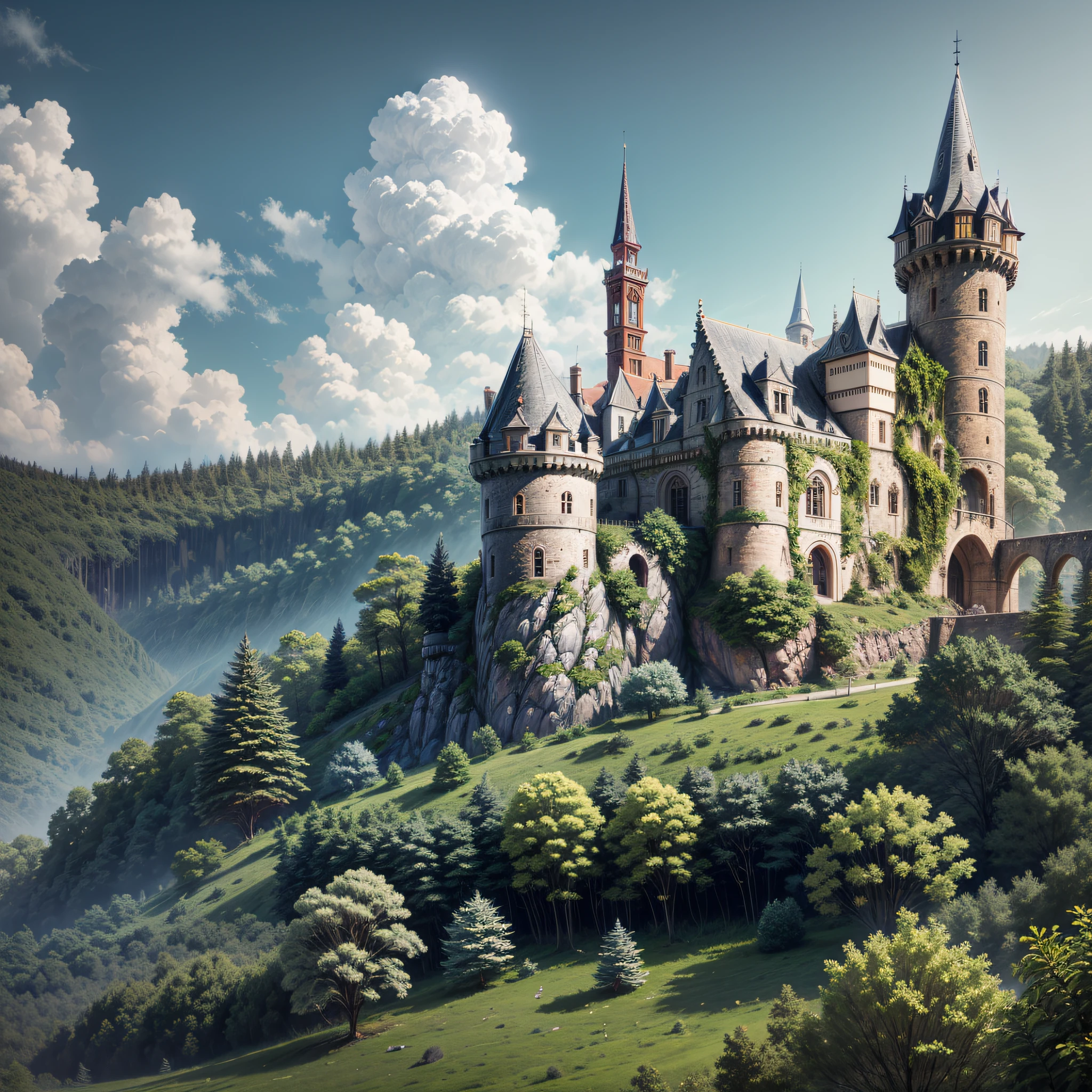 A medieval castle on a hill, surrounded by a dense forest
