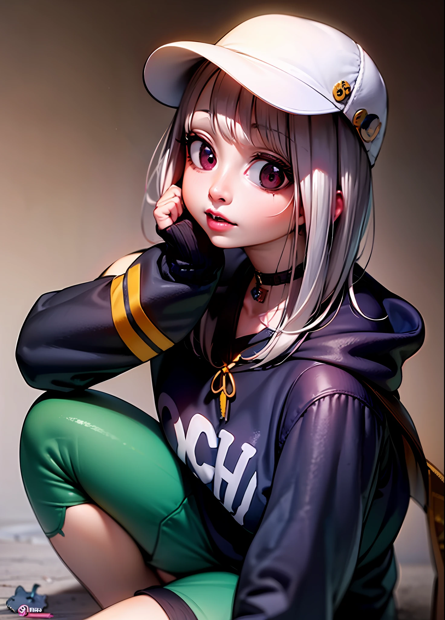 Anime girl with white hair and a white hat sitting on the floor, ecchi anime style, ecchi style, white haired girl wearing sweatshirt, [ 4k digital art ]!, beautiful high school anime girl, ecchi, (anime girl), young realistic anime girl, realistic anime art style, anime style, anime style. 8k, attractive anime girl