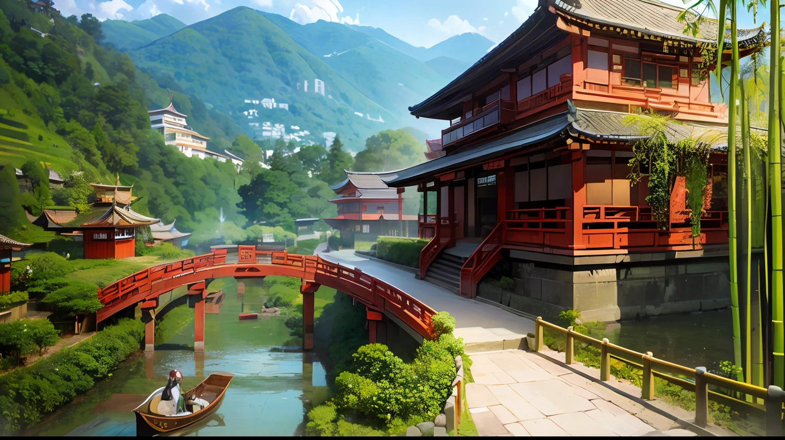 a city, anime style, traditional Japanese, era of the samurai, Feudal Japan --auto