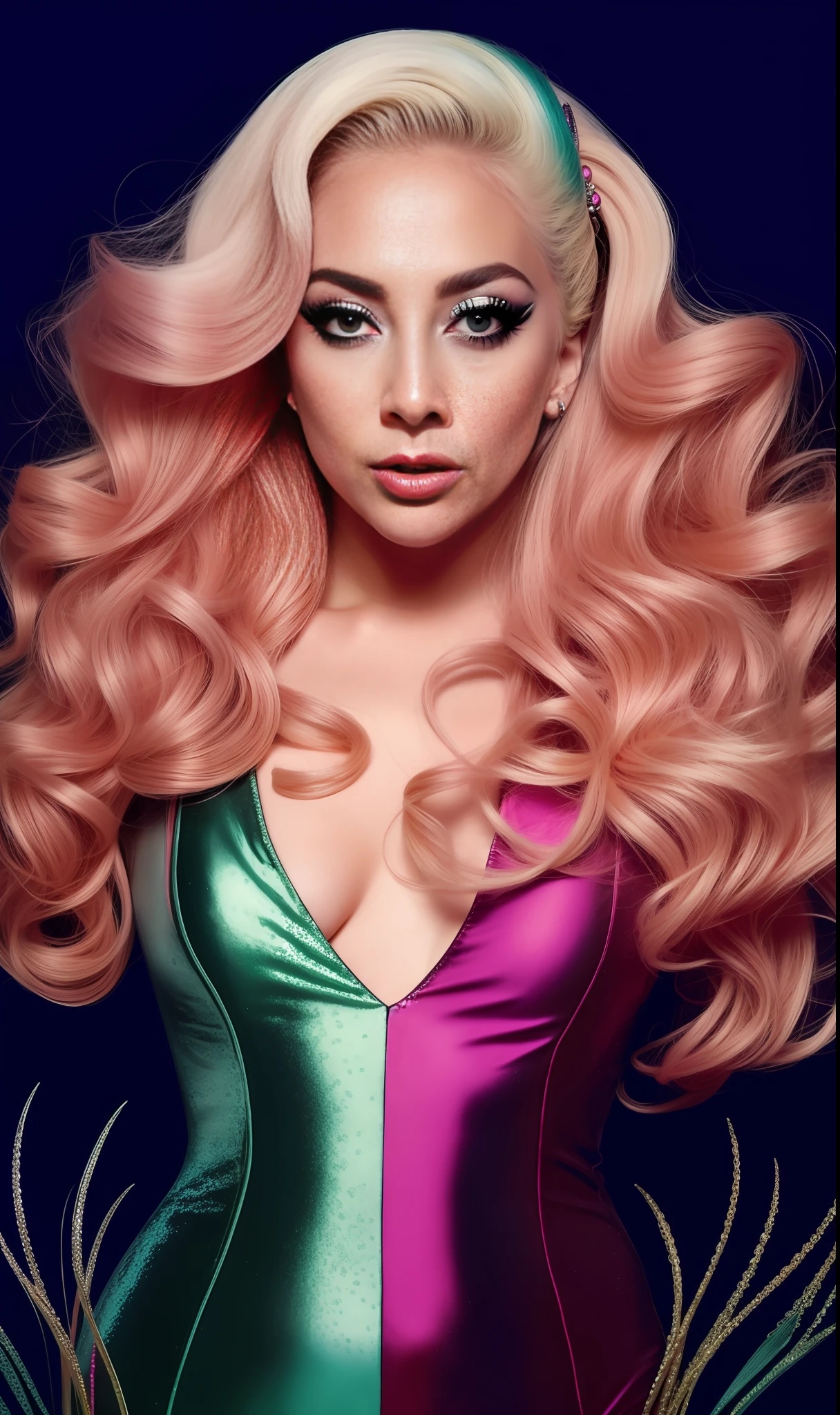 Photo of lady gaga dressed with mermaid nogr print,4K texture, long hair, high quality, extravagant hairstyle, original album cover, 8k image, futuristic, high image quality, at night, hair accessories, 8k image, realistic face in high quality, full body, different body poses, high quality face, defined features,HD