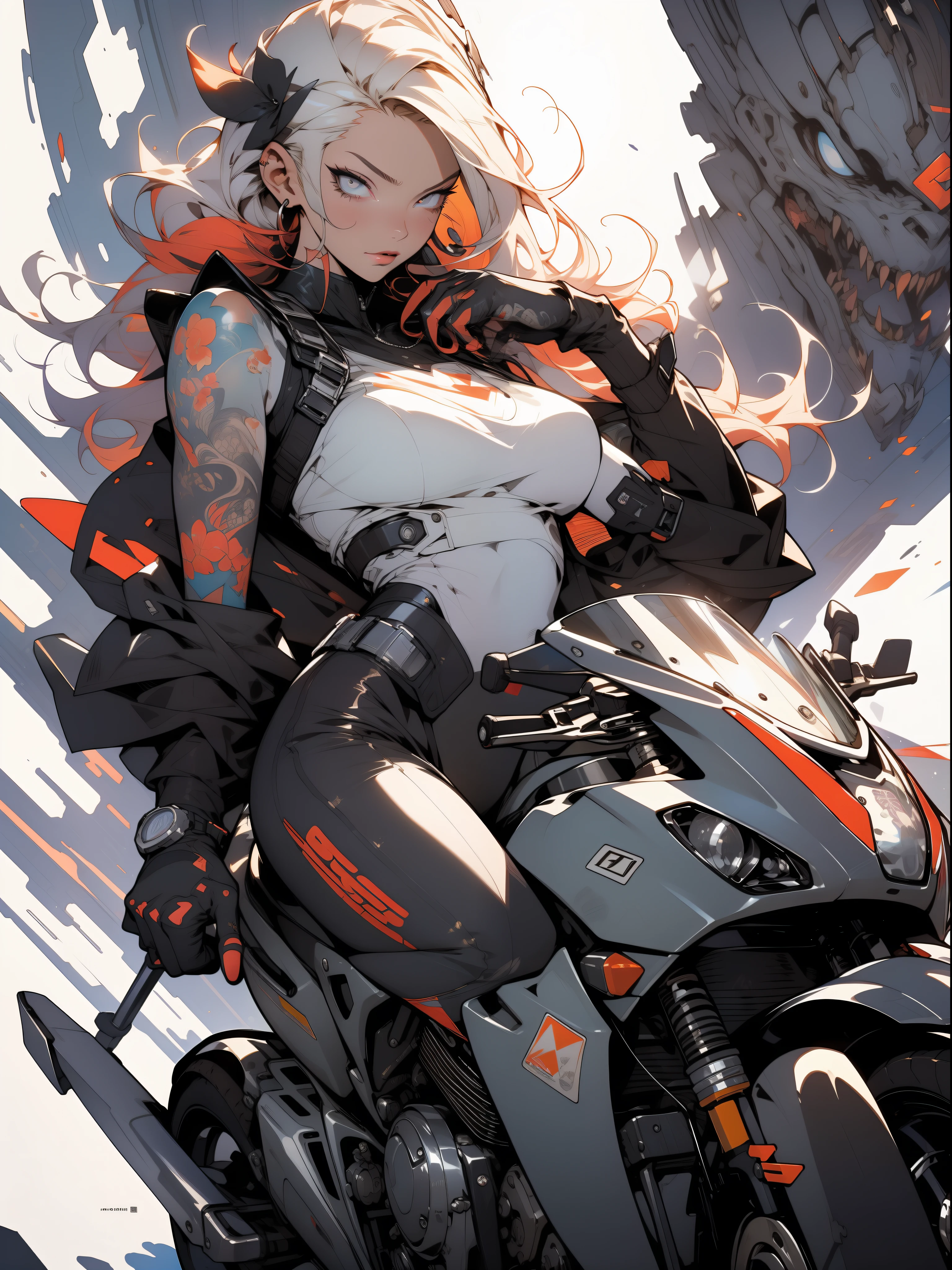 background, mixed-language_text, Japanese letters in graffit, girls, long colored, excellent lighting, high contrast sidelighting, perfect ultimate (flat color: 1.3), (magazine_cover: 1.4), (multicolored_background: 1.3), striped_background, card_background, :: comix style by joe madureira :: circular pieces of white metals glued to the arms ultra detailed coming out sparkling shine, perfect and detailed, ultra detailed shirt with abstract design and with letter print Japanese in graffit of the sides of clothing, image of girls with big breast, on top of a futuristic motorcycle, with immersive effects, hover effect, background graffiti style tribal tattoo with flowers and vibrant colors, "ultra HDR" detailed and with focus effect, (masterpiece: 1.2, best quality), (beautiful eyes with huge eyelashes finely detailed: 1.2), , ((Solo)), (Finely detailed eyes and detailed face: 1.3), in various full-body attack poses, (cute background: 1.2),futuristic costume, super detailed circular metals Clinging to the arms and pants, fantastic paintings