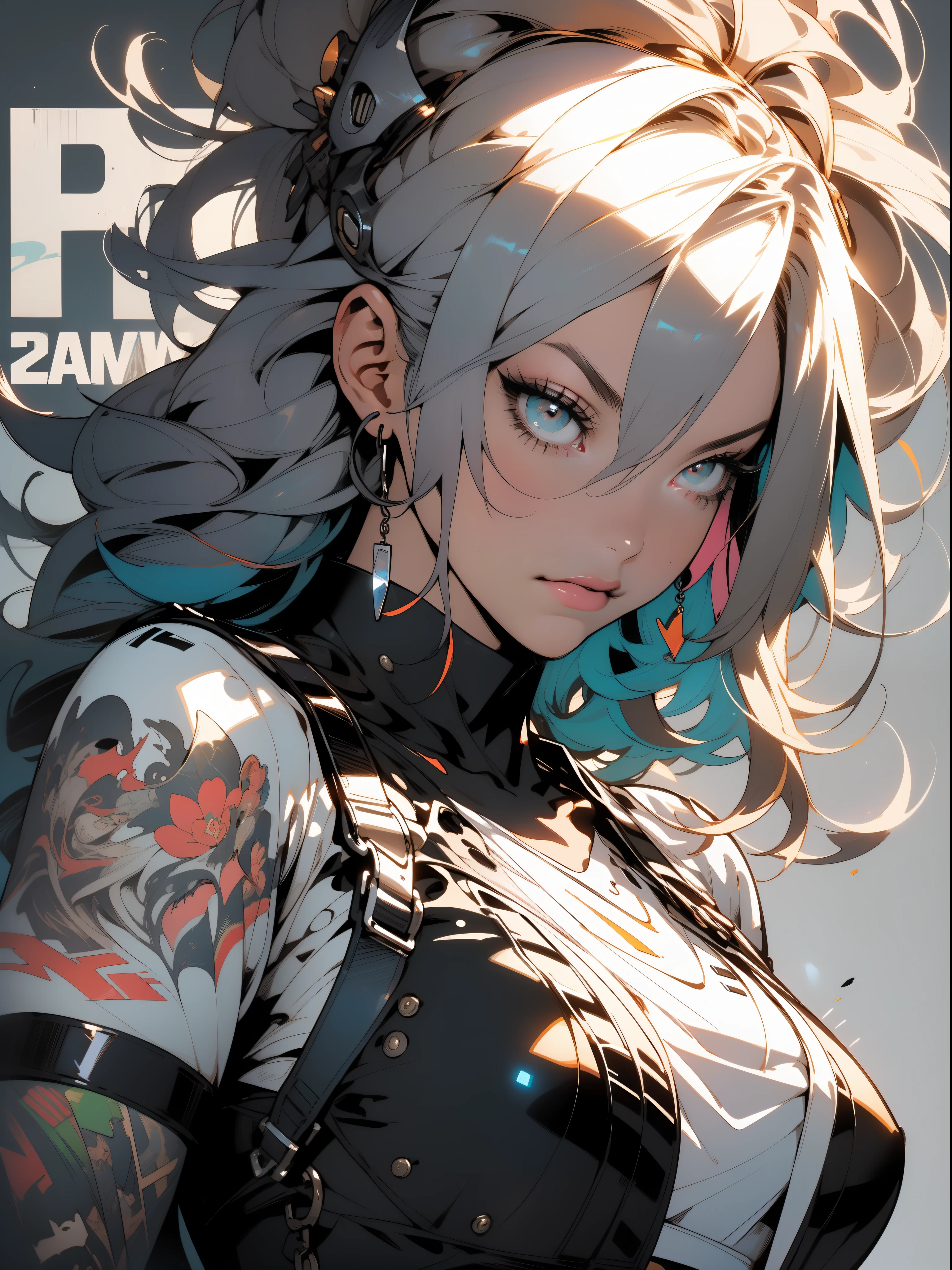 background, mixed-language_text, Japanese letters in graffit, girls, long colored, excellent lighting, high contrast sidelighting, perfect ultimate (flat color: 1.3), (magazine_cover: 1.4), (multicolored_background: 1.3), striped_background, card_background, :: comix style by joe madureira :: circular pieces of white metals glued to the arms ultra detailed coming out sparkling shine, perfect and detailed, ultra detailed shirt with abstract design and with letter print Japanese in graffit of the sides of clothing, image of girls with big breast, on top of a futuristic motorcycle, with immersive effects, hover effect, background graffiti style tribal tattoo with flowers and vibrant colors, "ultra HDR" detailed and with focus effect, (masterpiece: 1.2, best quality), (beautiful eyes with huge eyelashes finely detailed: 1.2), , ((Solo)), (Finely detailed eyes and detailed face: 1.3),  in various full-body attack poses, (cute background: 1.2),futuristic costume, super detailed circular metals Clinging to the arms and pants, fantastic paintings
