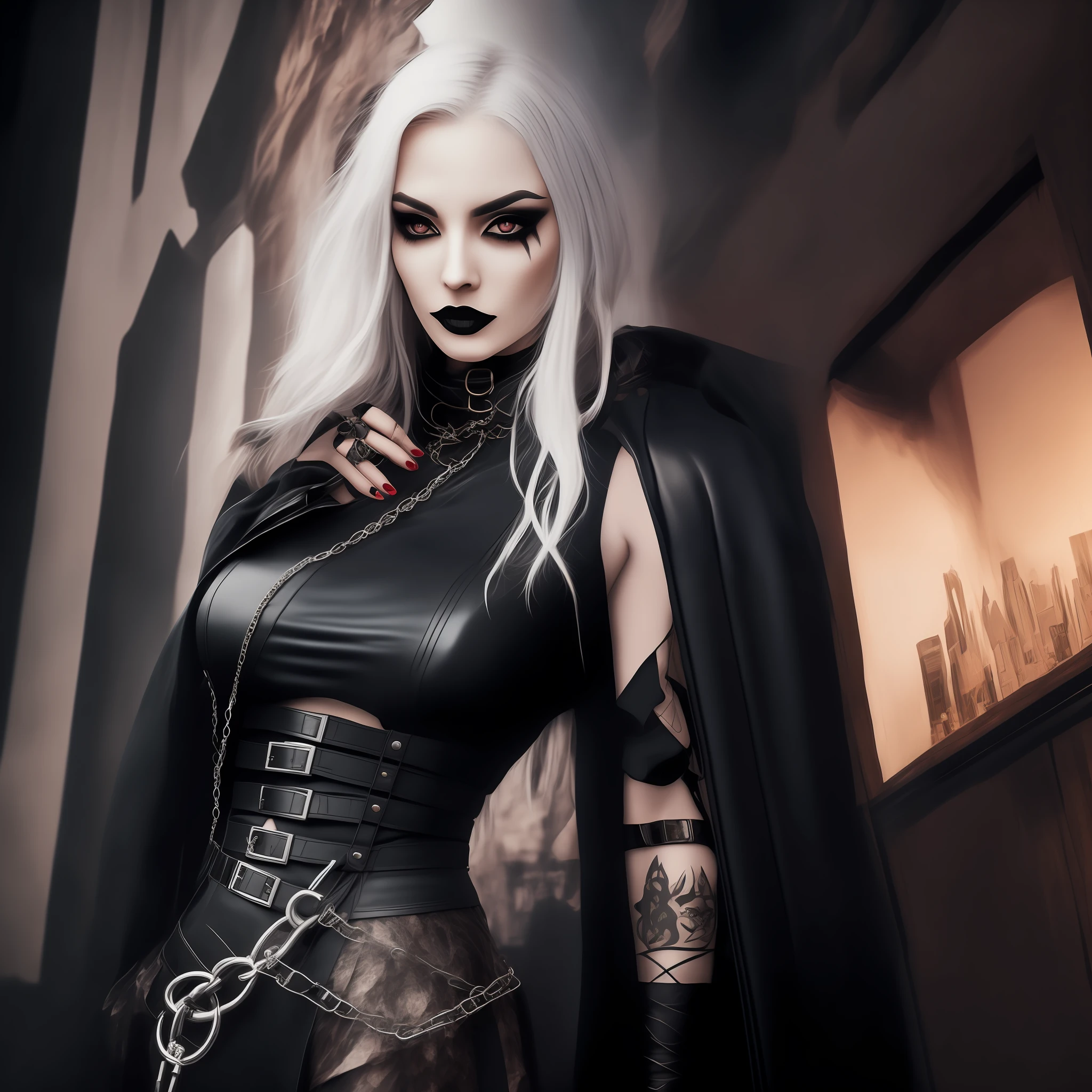 Gothic woman in black leather outfit with cape and chain around her neck, seductive cyberpunk dark fantasy, gothic city streets behind her, dark witch character, gothic and futuristic, gothic - cyberpunk, fashionable dark witch, wearing modern gothic clothes, gothic aesthetics, urban fantasy style, stylized urban fantasy artwork, gothic clothes, gothic clothes, gothic clothes, gothic fashion, her black makeup is easy and she has a cross painted under the eye