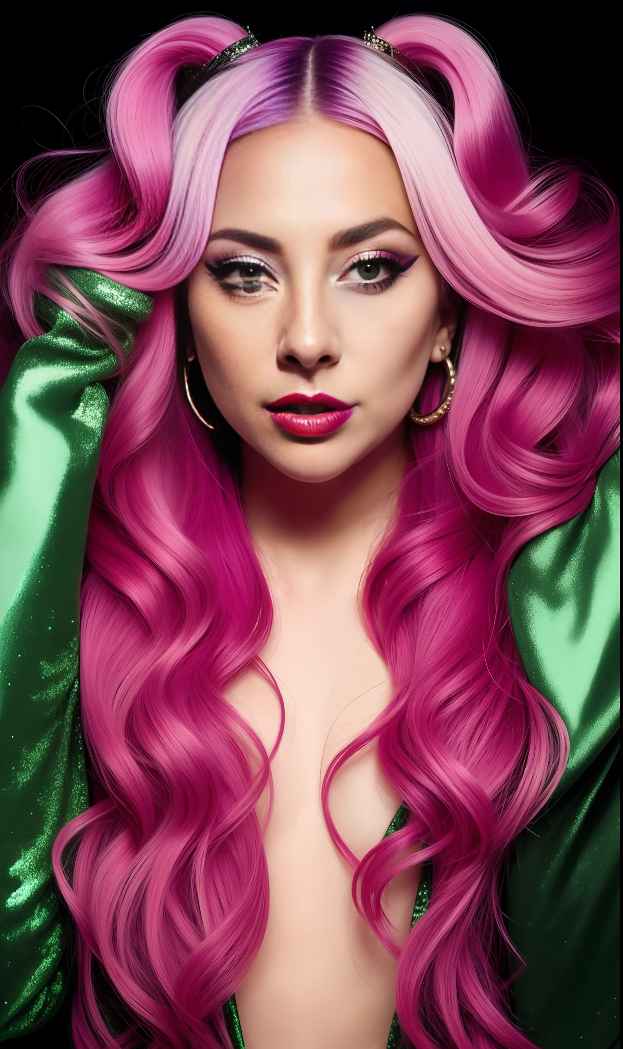 Photo of lady gaga accessories on face and body ,4K texture, long hair, high quality, extravagant hairstyle, original album cover, 8k image, futuristic, high image quality, at night, hair accessories, 8k image, realistic face in high quality, full body, different body poses, high quality on face, defined features, HD