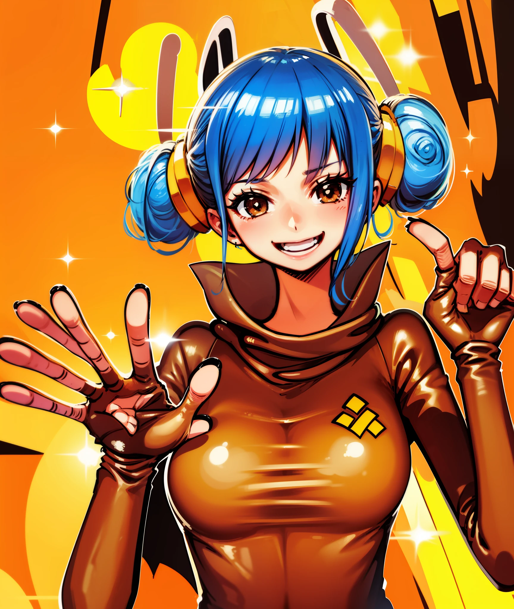 1girl, blue hair, long hair, hair in buns, brown clothes, brown eyes, goggles, brown gloves, confident, energetic, engineer, cute, happy, face shot