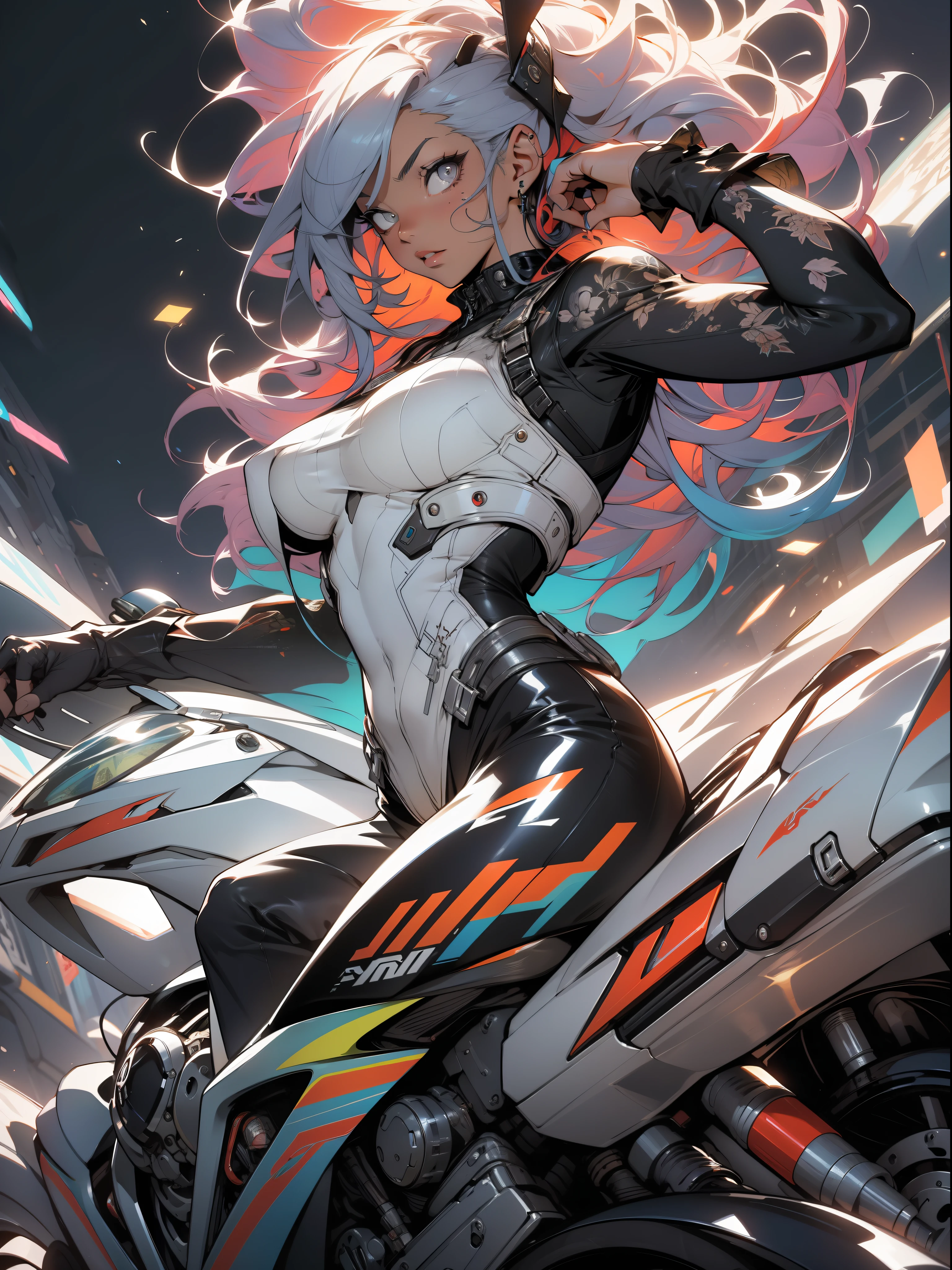 background, mixed-language_text, Japanese letters in graffit, girls, long colored, excellent lighting, high contrast sidelighting, perfect ultimate (flat color: 1.3), (magazine_cover: 1.4), (multicolored_background: 1.3), striped_background, card_background, :: comix style by joe madureira :: circular pieces of white metals glued to the arms ultra detailed coming out sparkling shine, perfect and detailed, ultra detailed shirt with abstract design and with letter print Japanese in graffit of the sides of clothing, image of girls with big breast, on top of a futuristic motorcycle, with immersive effects, hover effect, background graffiti style tribal tattoo with flowers and vibrant colors, "ultra HDR" detailed and with focus effect, (masterpiece: 1.2, best quality), (beautiful eyes with huge eyelashes finely detailed: 1.2), , ((Solo)), (Finely detailed eyes and detailed face: 1.3), in various full-body attack poses, (cute background: 1.2),futuristic costume, super detailed circular metals Clinging to the arms and pants, fantastic paintings