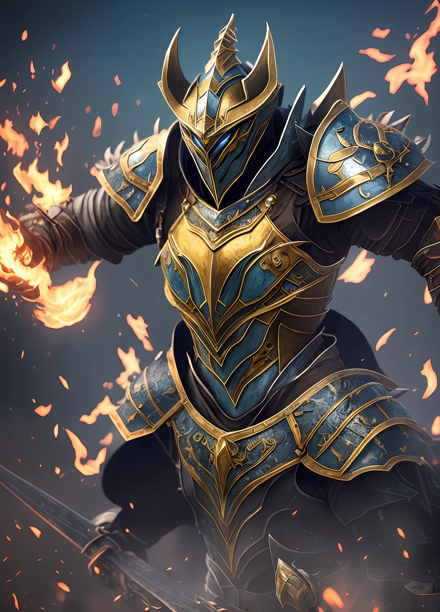a close up of a person in a blue and gold armor, dragon inspired blue armor, blue armor, detailed fantasy armor, fantasy armor, dragon knight, hyperdetailed fantasy character, fantasy warrior in full armor, eso armor, armored warrior, unreal engine character art, 3 d render character art 8 k, armoured warrior, black fire color reflected armor