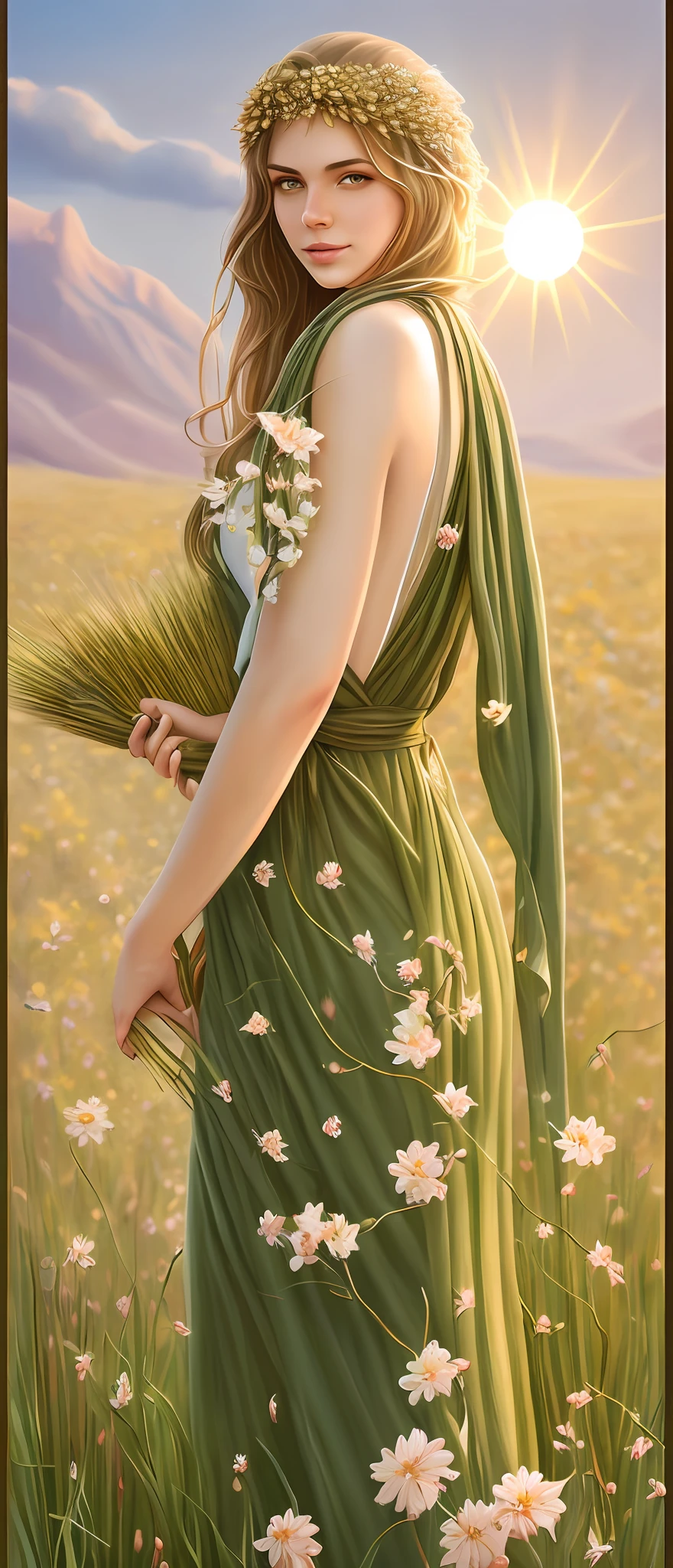 Greek goddess Demeter, mature and nurturing, earthy and warm presence, flowing brown hair interwoven with flowers, dressed in a flowing green chiton with floral accents, holding a sheaf of wheat, standing in a sun-kissed field of blooming flowers and lush crops, with the golden rays of the sun illuminating the scene, intricate, elegant, highly detailed, digital painting, art by artgerm and artstation, masterpiece, one person only, extremely detailed, human skin, alive, detailed background, full body, field, flowers, wheat, sun, best quality