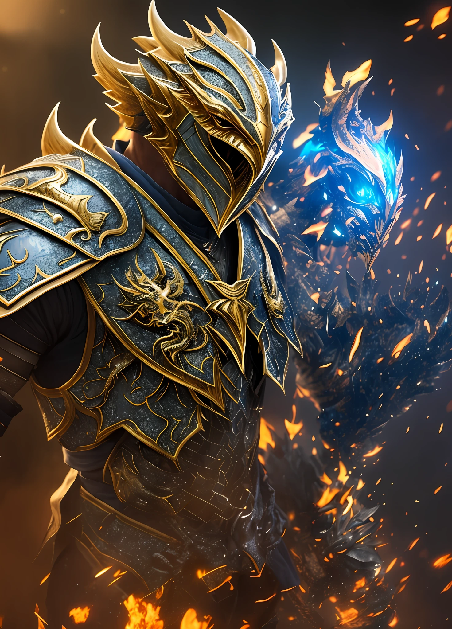 a close up of a person in a blue and gold armor, dragon inspired blue armor, blue armor, detailed fantasy armor, fantasy armor, dragon knight, hyperdetailed fantasy character, fantasy warrior in full armor, eso armor, armored warrior, unreal engine character art, 3 d render character art 8 k, armoured warrior, black fire color reflected armor