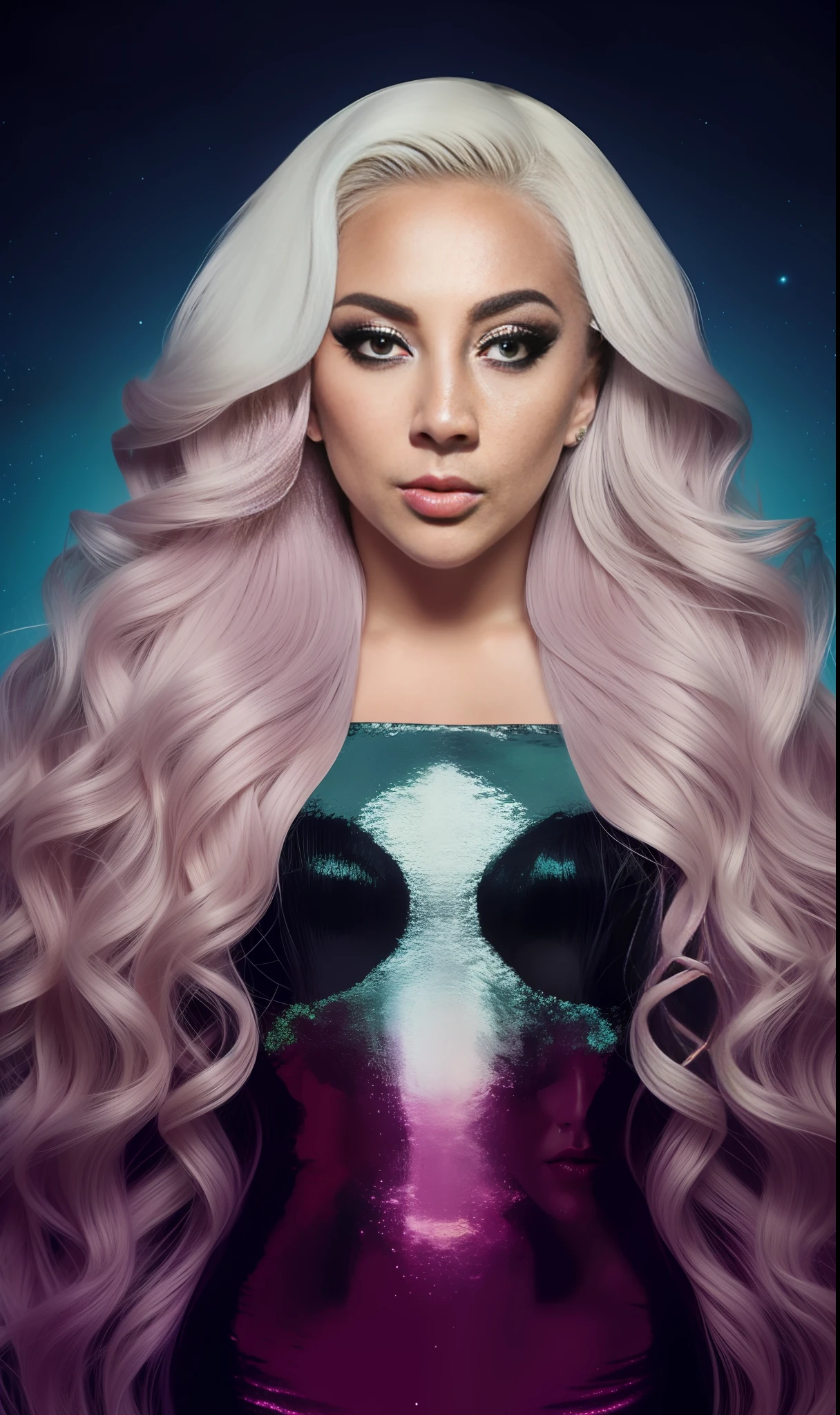 Photo of lady gaga dressed with mermaid nogr print,4K texture, long hair, high quality, extravagant hairstyle, original album cover, 8k image, futuristic, high image quality, at night, hair accessories, 8k image, realistic face in high quality, full body, different body poses, high quality face, defined features,HD