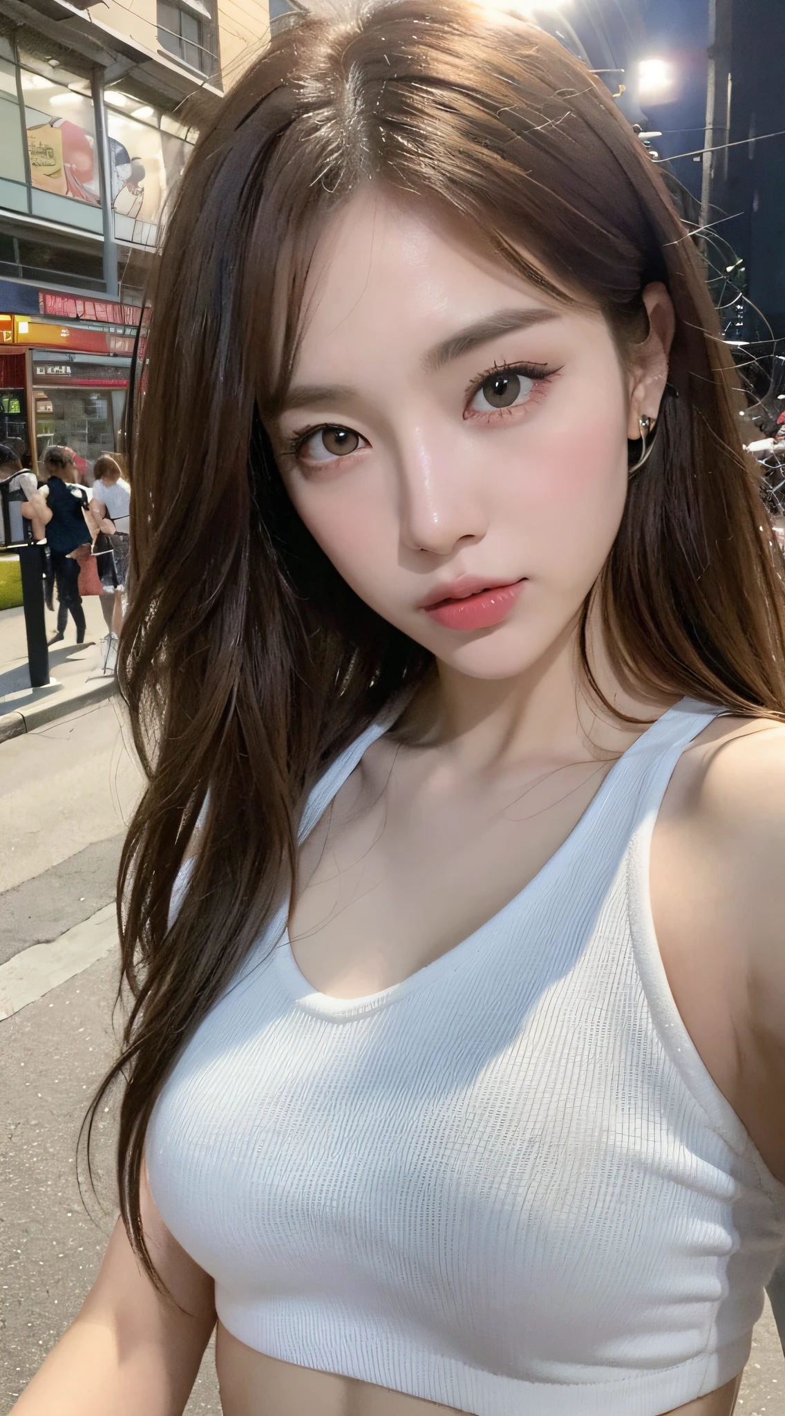 ((Realistic lighting, Best quality, 8K, Masterpiece: 1.3)), Clear focus: 1.2, 1girl, Perfect Figure: 1.4, Slim Abs: 1.1, ((Dark brown hair)), (White crop top: 1.4), (Outdoor, Night: 1.1), City streets, Super fine face, Fine eyes, Double eyelids,
