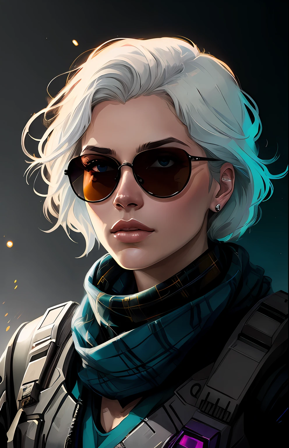 (dark shot:1.1), epic realistic, portrait of halo, sunglasses, blue eyes, tartan scarf, white hair by atey ghailan, by greg rutkowski, by greg tocchini, by james gilleard, by joe fenton, by kaethe butcher, gradient yellow, black, brown and magenta color scheme, grunge aesthetic!!! graffiti tag wall background, art by greg rutkowski and artgerm, soft cinematic light, adobe lightroom, photolab, hdr, intricate, highly detailed, (depth of field:1.4), faded, (neutral colors:1.2), (hdr:1.4), (muted colors:1.2), hyperdetailed, (artstation:1.4), cinematic, warm lights, dramatic light, (intricate details:1.1), complex background, (rutkowski:0.66), (teal and orange:0.4)