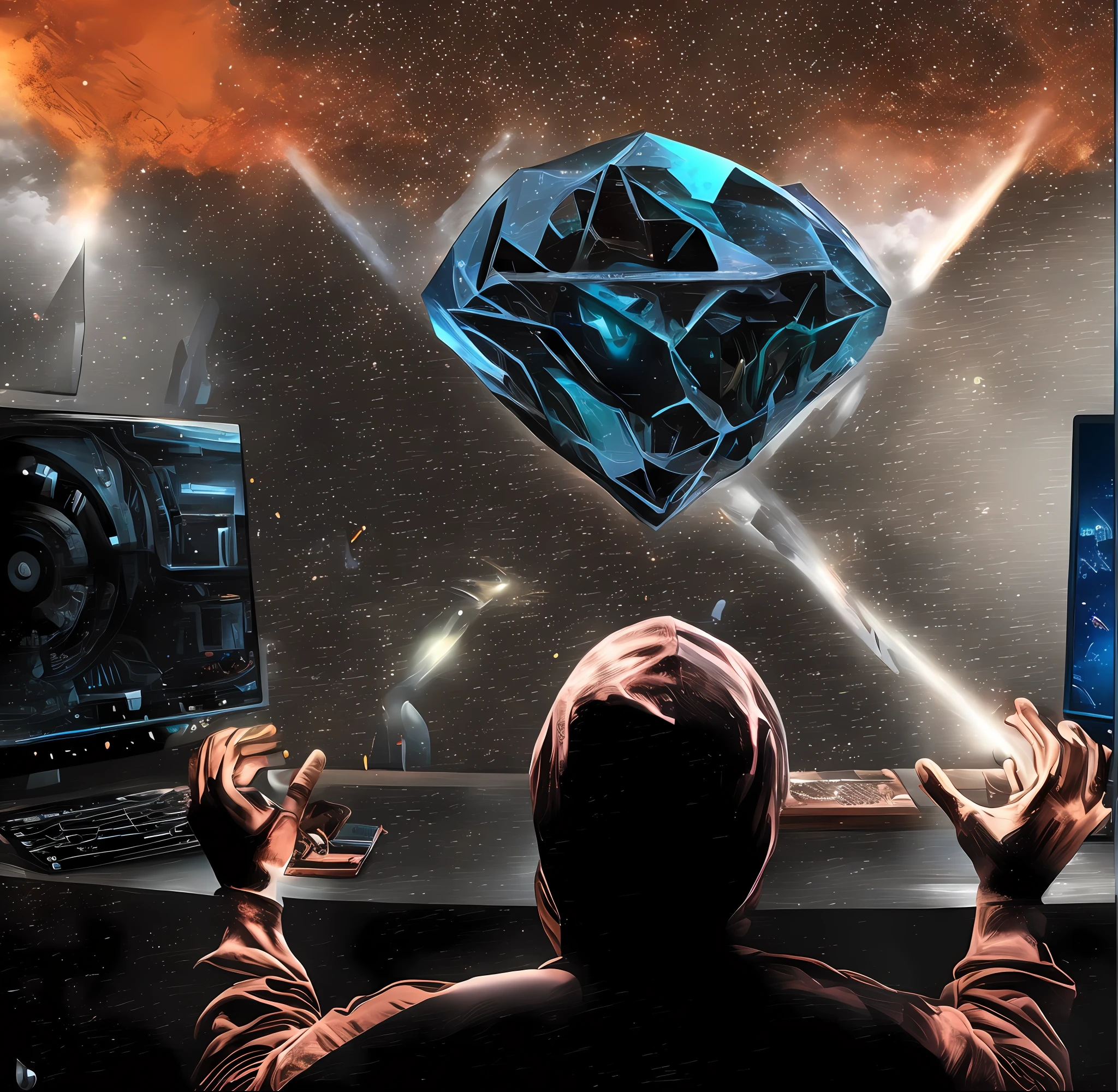 someone sitting at a desk with a laptop and a computer monitor, 🐋 as 🐘 as 🤖 as 👽 as 🐳, 🚀🚀🚀, 8k highly detailed ❤️🔥 🔥 💀 🤖 🚀, super, superrare trending, amazing!, diamond, 8 k highly detailed ❤🔥 🔥 💀 🤖 🚀, “diamonds, 🕹️ 😎 🔫 🤖 🚬