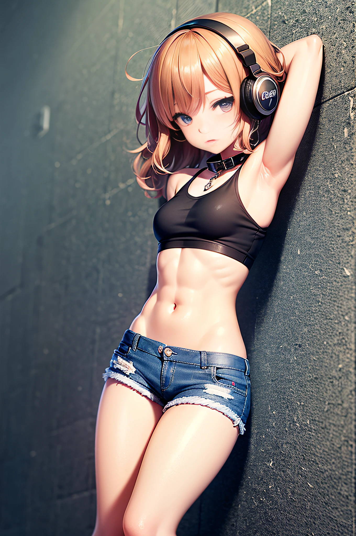 ((medium chest, tomboyish girls, small head)), (soft abs: 1.1), (perfect body: 1.1), (medium wavy hair: 1.2), curly hair, hard, collar, headphones, chain, full body shot, crowded street, wearing black tank top, denim jacket, ((shorts)), (extremely detailed CG 8k wallpaper), (an extremely delicate and beautiful one), (masterpiece), (best quality: 1.0), (ultra highres:1.0) --auto