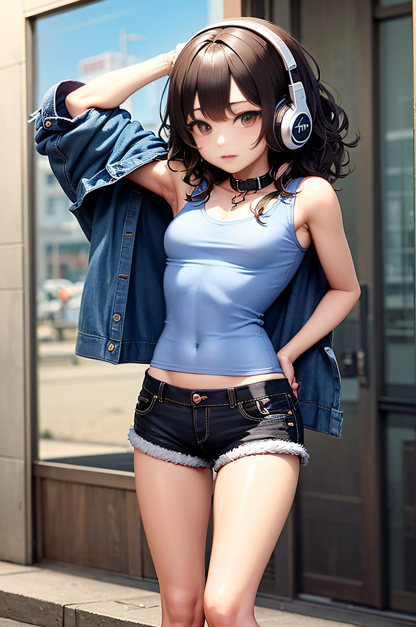 ((medium chest, tomboyish girls, small head)), (soft abs: 1.1), (perfect body: 1.1), (medium wavy hair: 1.2), curly hair, hard, collar, headphones, chain, full body shot, crowded street, wearing black tank top, denim jacket, ((shorts)), (extremely detailed CG 8k wallpaper), (an extremely delicate and beautiful one), (masterpiece), (best quality: 1.0), (ultra highres:1.0) --auto