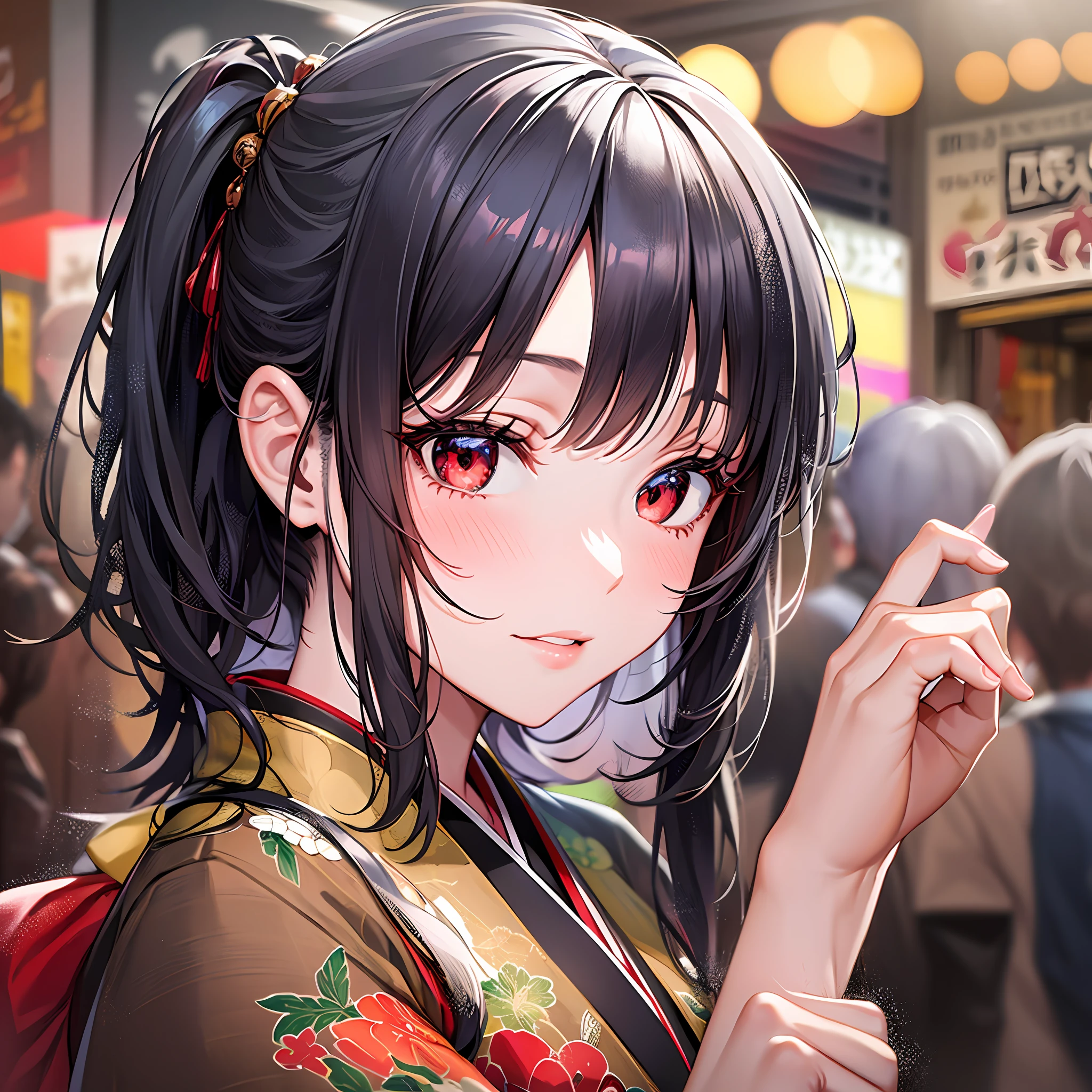 1 girl with black hair, red eyes, solo, kyoto, festival,