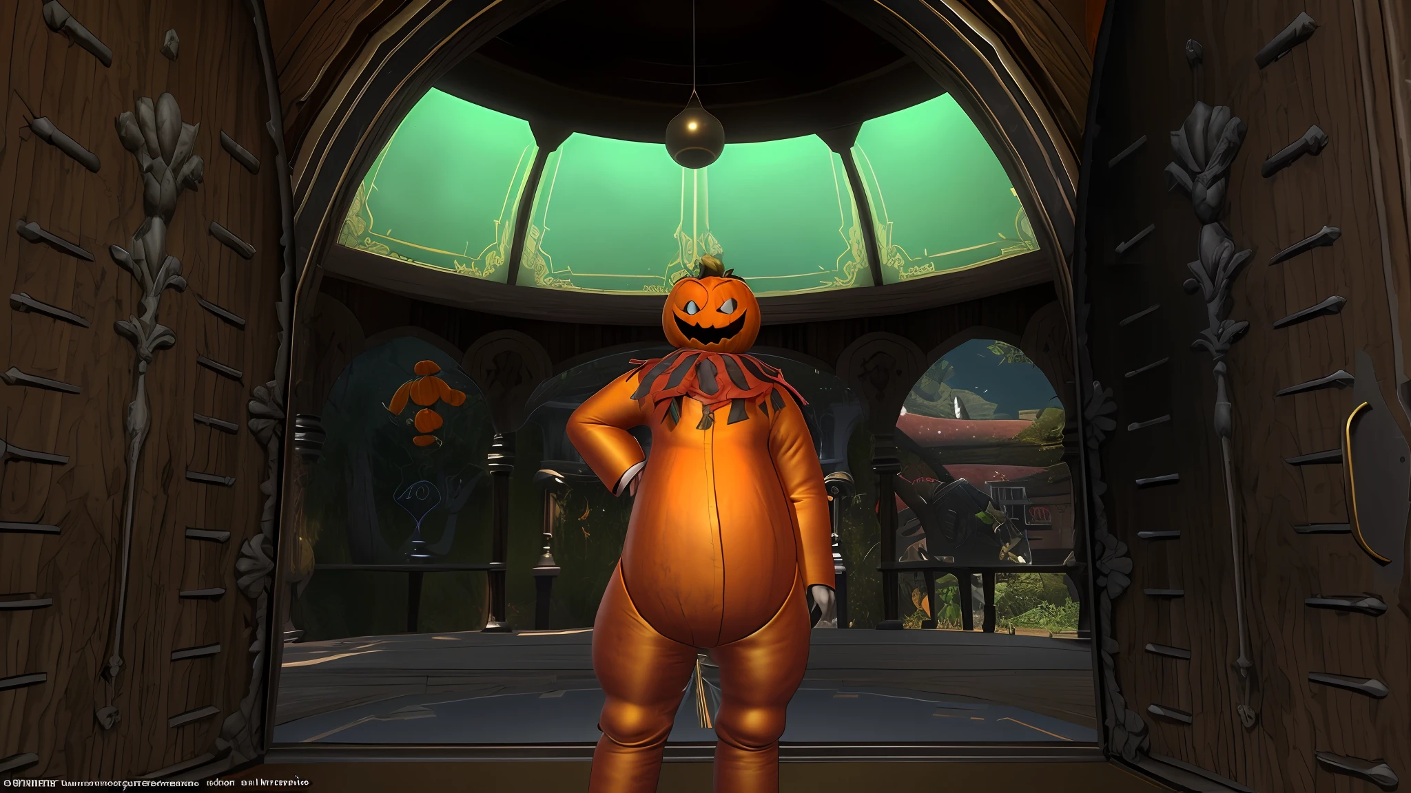 there is a cartoon character that is standing in a doorway, pumpkin head, orange fluffy belly, dapper dream demon, she is a gourd, costume weird, orange and yellow costume, full dress of lava showcase, sinister pose, menacing appearance, fluffy orange skin, an anthropomorphic stomach, tomato monster, frightening appearance, evil standing smiling pose