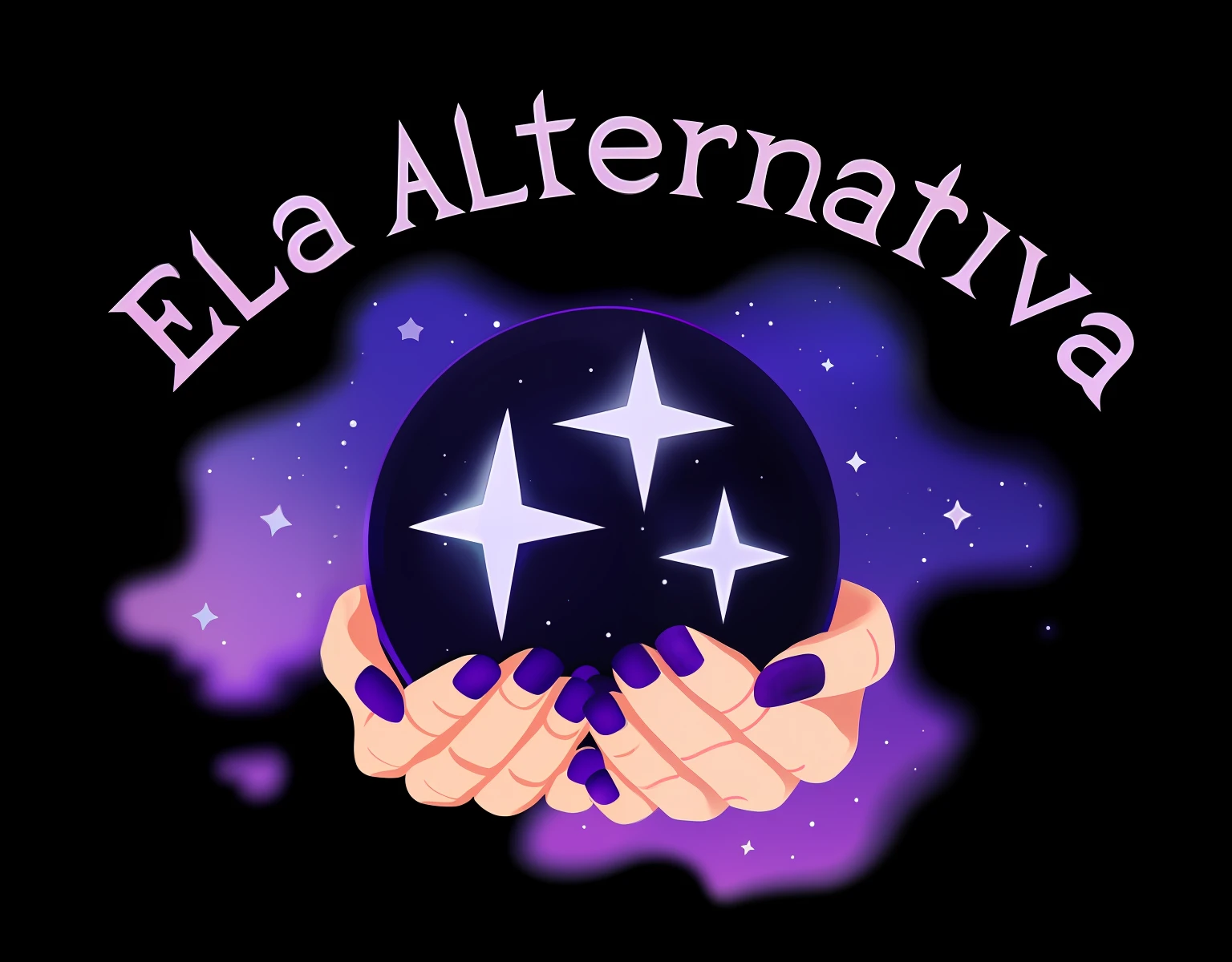 a close up of a person holding a crystal ball with stars, alternative, alternate universe, alternative rock, alternative world, eka's portal, logo art, promotional artwork, banner, logo, logo, alternative reality, young adult fantasy novel cover, intermediate art, magical realism and dark fantasy, promotional art, illustrative!!, cover art, art concept for a book cover