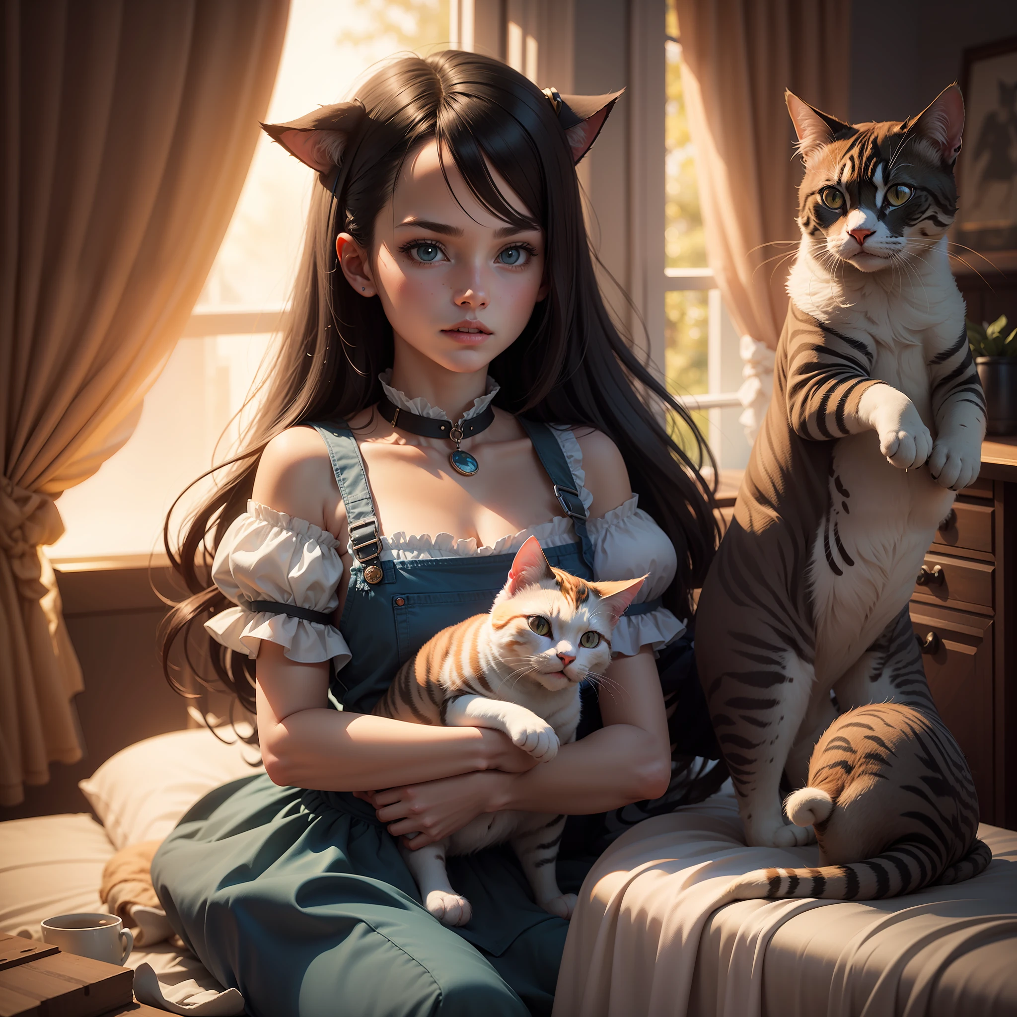 a human girl with cat in wonderland, like Alice. 3d render, shadows and lights, realistic --auto