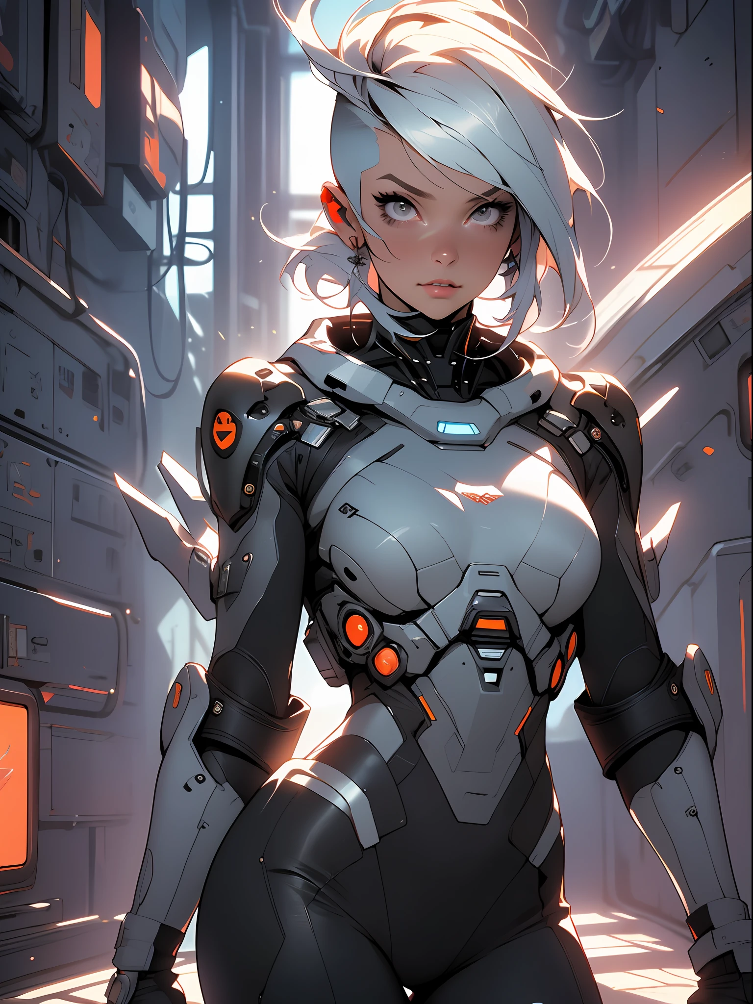 (Best Quality), ((Masterpiece), (Detail: 1.4), 3D, A Beautiful Cyberpunk Woman, HDR (High Dynamic Range), Adult Woman, Clean Face, Sensual Pose, Tanned Skin, High Contrast, Short Colored Mohawk Hair, Ray Graphics by Clothing, On A Lunar Station, Ships Can Be Seen Through The Large Window, Satin Apparel, Ray Tracing, NVIDIA RTX, Super-Resolution, Unreal 5, Subsurface Scattering, PBR Textures, Post-Processing, Anisotropic Filtering, Depth of Field, Maximum Sharpness and Sharpening, Multilayer Textures, Albedo and Enhancement Maps, Surface Shading, Accurate simulation of light-material interactions, perfect proportions, Octane Render, Two-color light, large aperture, low ISO, white balance, rule of thirds, 8K RAW,