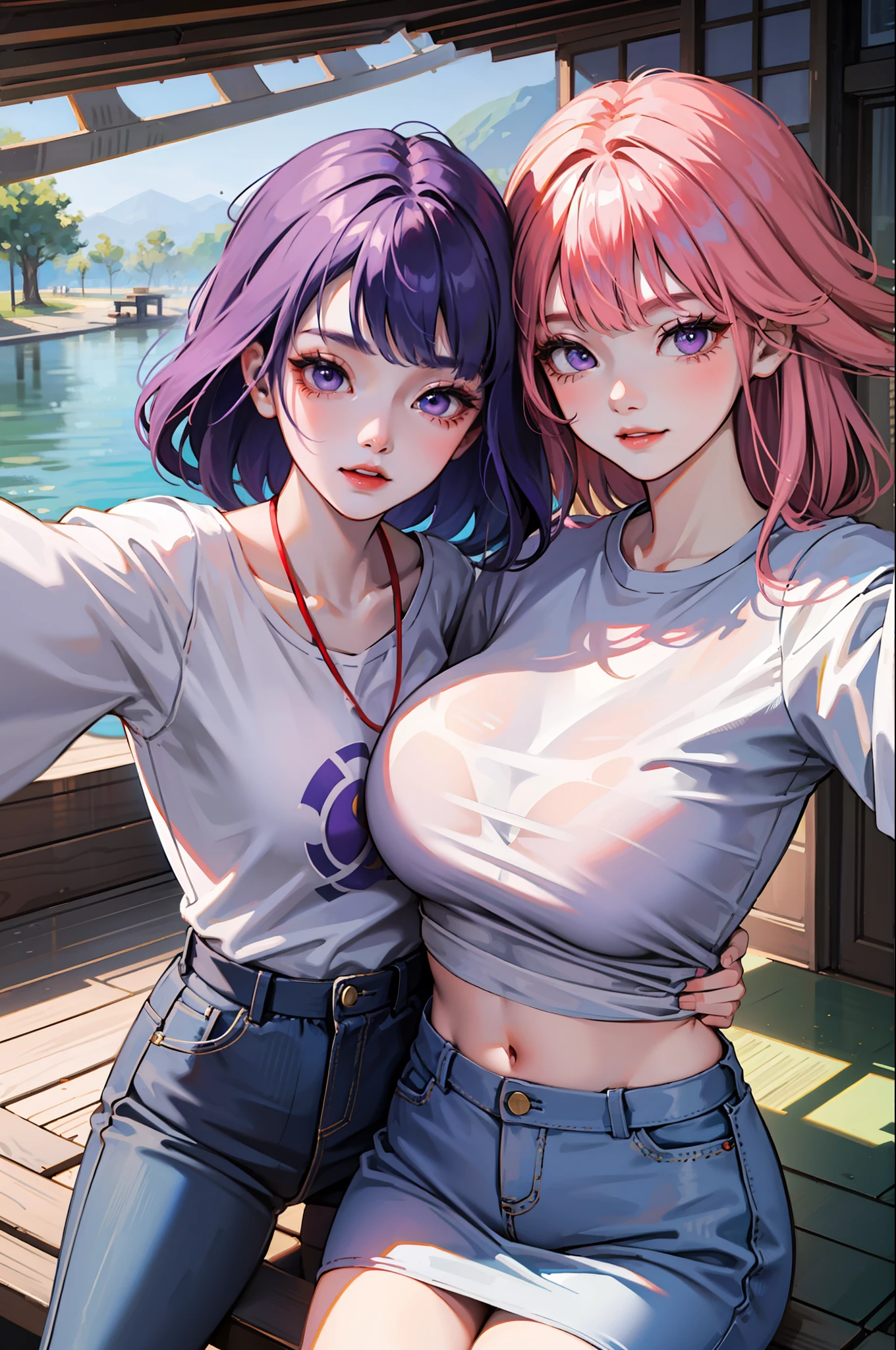 (masterpiece:1.2), (best quality:1.2), 8K, UHD, ultra high res, (2girls:1.2), taking selfie, happy,
, white shirt, blue jeans BREAK
pink hair, purple eyes, yellow shirt, white skirt , Yae Miko and Raiden shougn