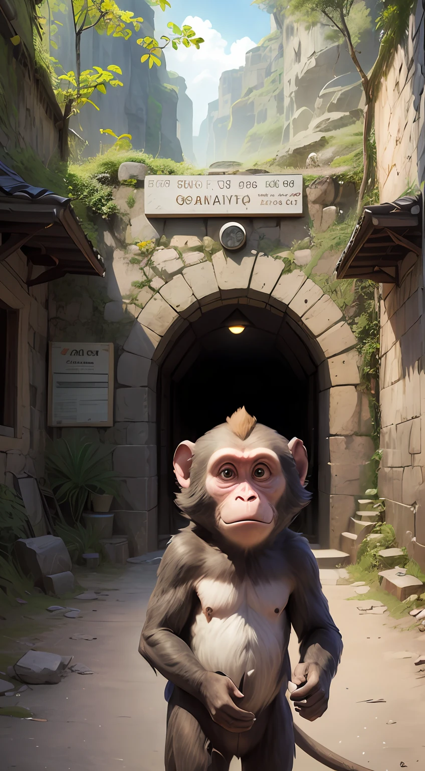 monkey in front of a cave at the entrance of the cave a sign written shortcut