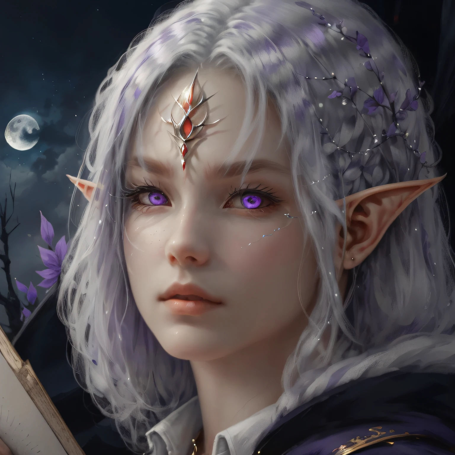 sorcerer elf, white hair, gray skin tone, violet eyes, with the drawing of a moon on his forehead --auto