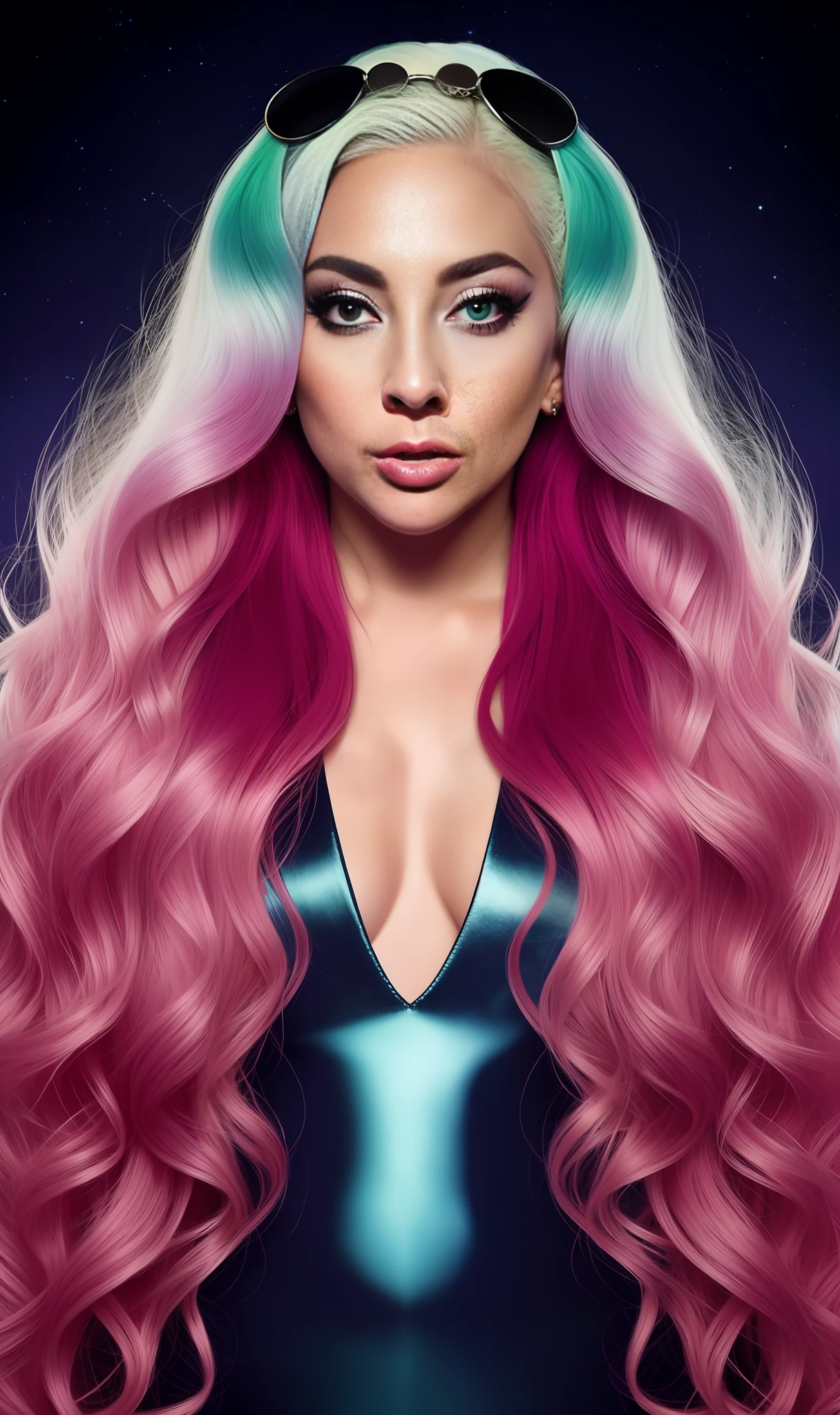 Photo of lady gaga dressed with mermaid nogr print,4K texture, long hair, high quality, extravagant hairstyle, original album cover, 8k image, futuristic, high image quality, at night, hair accessories, 8k image, realistic face in high quality, full body, different body poses, high quality face, defined features,HD