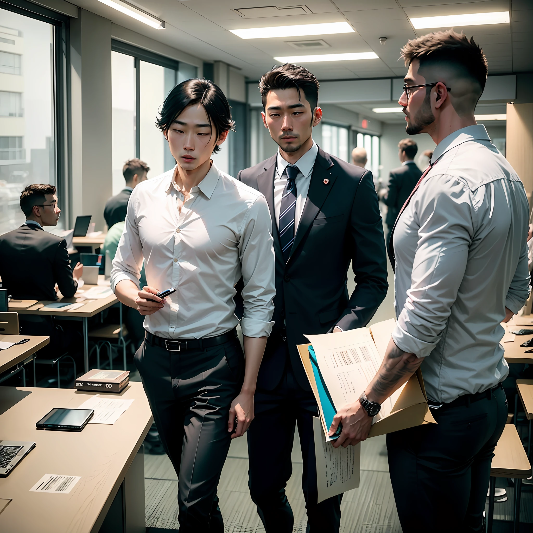 Creative white workers, Japan men in their 30s, friendly, team, young, in suits, workplace scene, 1 room --auto