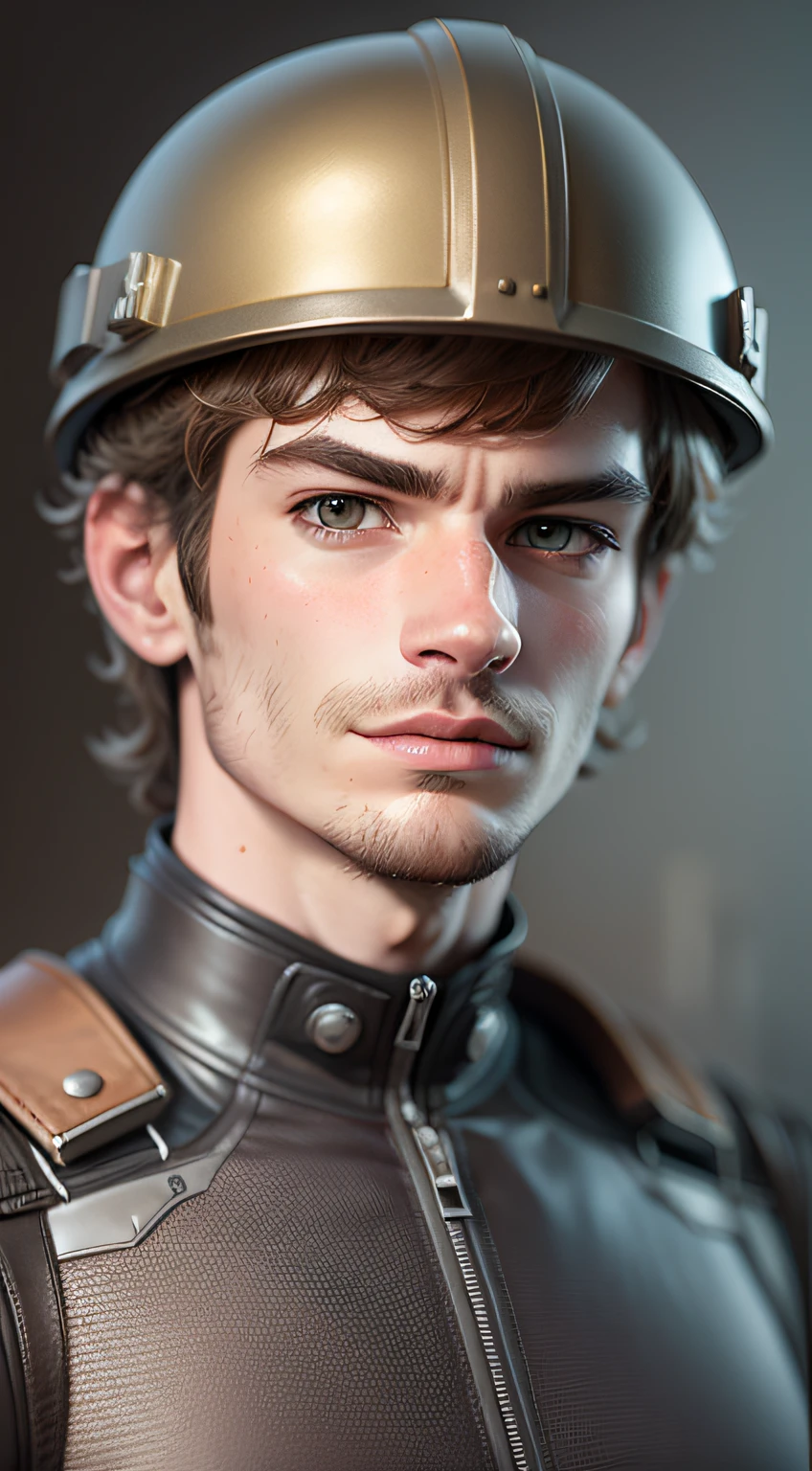 actor Andrew Garfield,war suit year 1950, war helmet year 1950 in animated format, front portrait, 3d, lora style, realistic, dark background