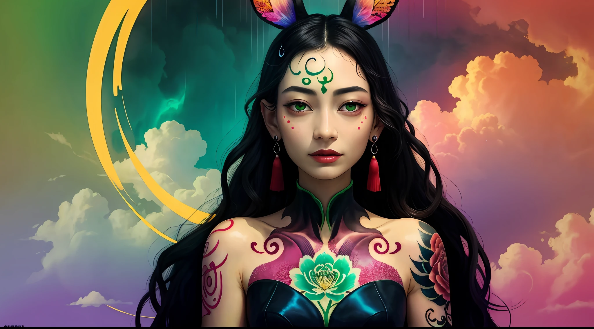 (Masterpiece: 1.2, High Quality), (Pixel: 1.4), (Song Dynasty Strokes: 1.4) (Wide Angle Lens, Panorama: 1.2), (Panorama Lens: 0.95), (Panorama Lens, Macro Lens: 1.25), Dynamic Angle, Perspective, High Point, Masterpiece, Best Quality, 8K, Crazy Detail, Intricate Detail, Ultra Detail, Super High Quality, Early Spring Willow Leaves, Often with Rain and Hate Clouds, Extremely Beautiful Bunny Deer Girl, Sideways, Face Like Peach Blossom March, Implied Amorous Moon.  The slender waist is curled, the restrained swallow lazy warbler is lazy, the sandalwood mouth is light, and the temptation of rose chaos.  Enchanting jade words, beautiful jade fragrance, tense shots (the sky glows red, visual impact, giving the poster a dynamic and visually striking appearance: 1.2), close-up, (analog lens, macro lens: 1.25), colorful colored transparent smooth stones: 1.5, ultra-realistic and complex, body makeover, glowing tattoos, surreal tattoos, highly realistic and complex, tattoo art, detailed neon tattoos