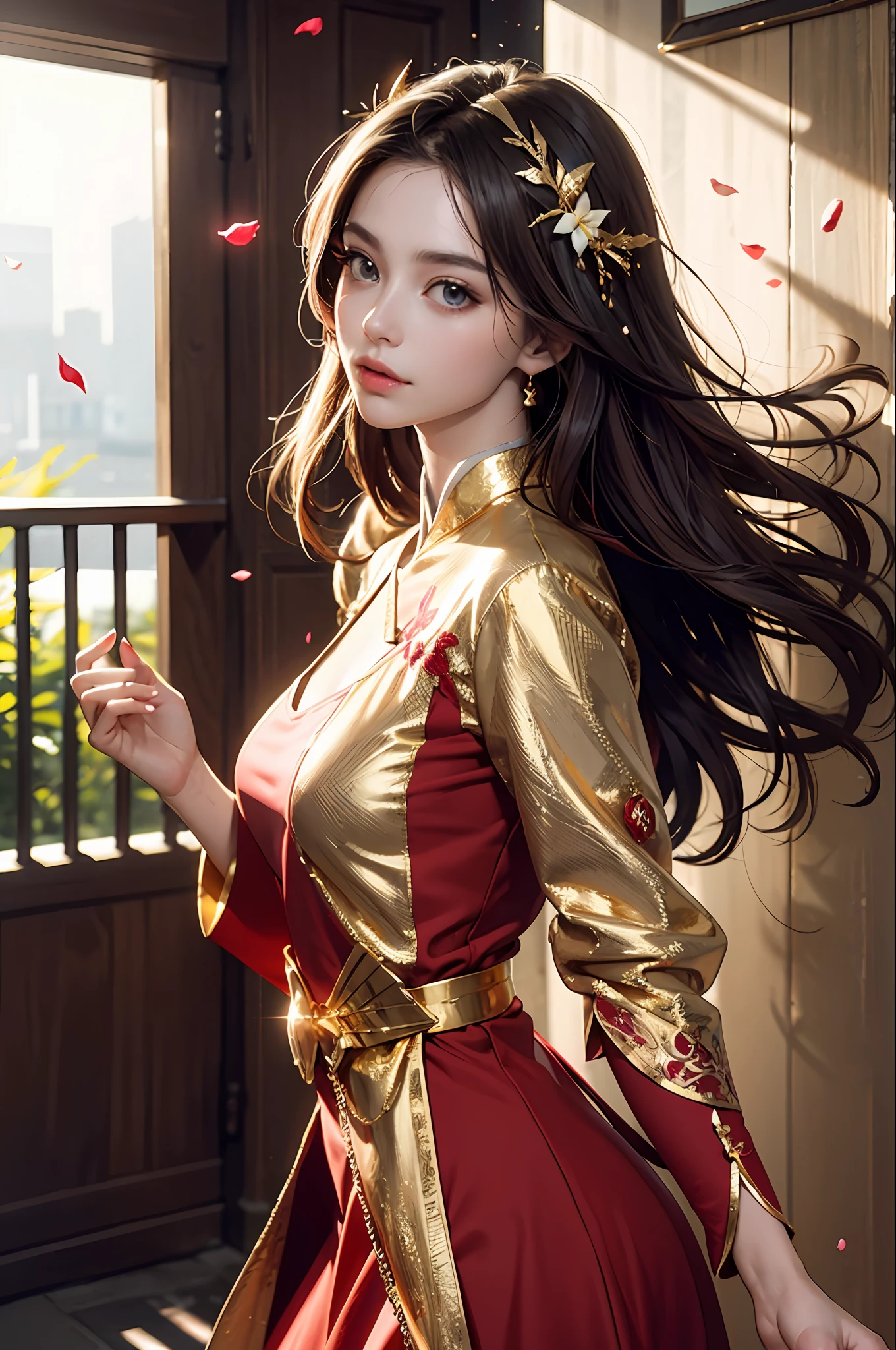 (8k, RAW photo, best quality, ultra detailed CG unity 8k wallpaper,masterpiece:1.2), a girl, 3d, ultra beautiful detailed eyes, Precise iris depiction,ultra-detailed face,
Top quality, masterpiece, high resolution, (exquisite body: 1.5), gorgeous face, (milky skin: 1.3), intricate details, high resolution, wallpaper,
1girl, solo, dress, hair ornament, ((((gold and red dress)))), flower, long hair, brown hair, closed mouth, jewelry, long sleeve, hands raised, wide sleeves, big eyes,floating hair, han clothing, han style, embroidery, long skirt, natural pose, falling petals, indoors,incitement, lanterns,
16K, HDR, Hi-Res, Depth Field, (Film Grain: 1.1), Boken, Golden Hour, (Lens Flare), Vignette, Rainbow, (Color Grading: 1.5),ultra-detailed beautiful background drawn by professional illustrator