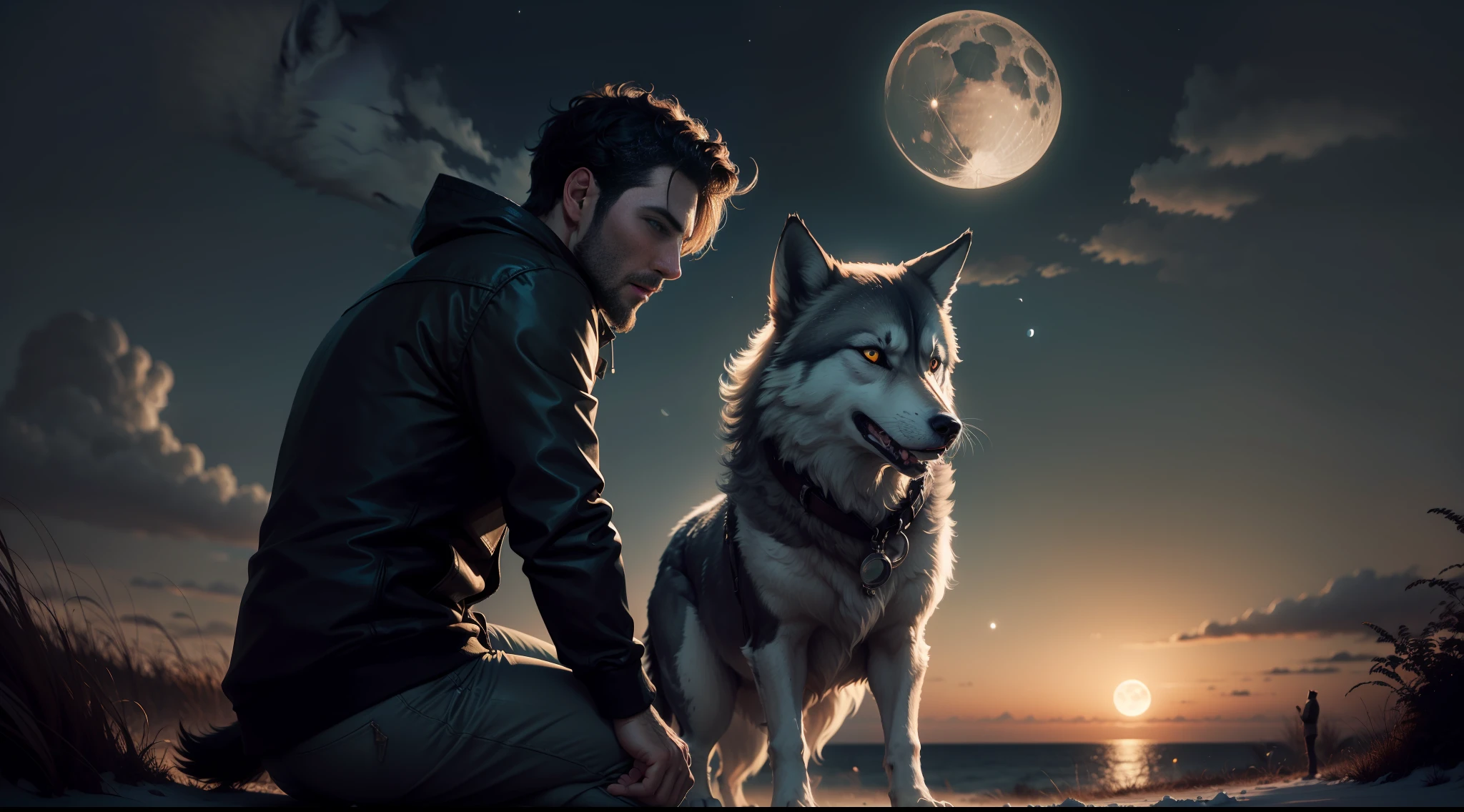 Man at night with a wolf looking at the moon